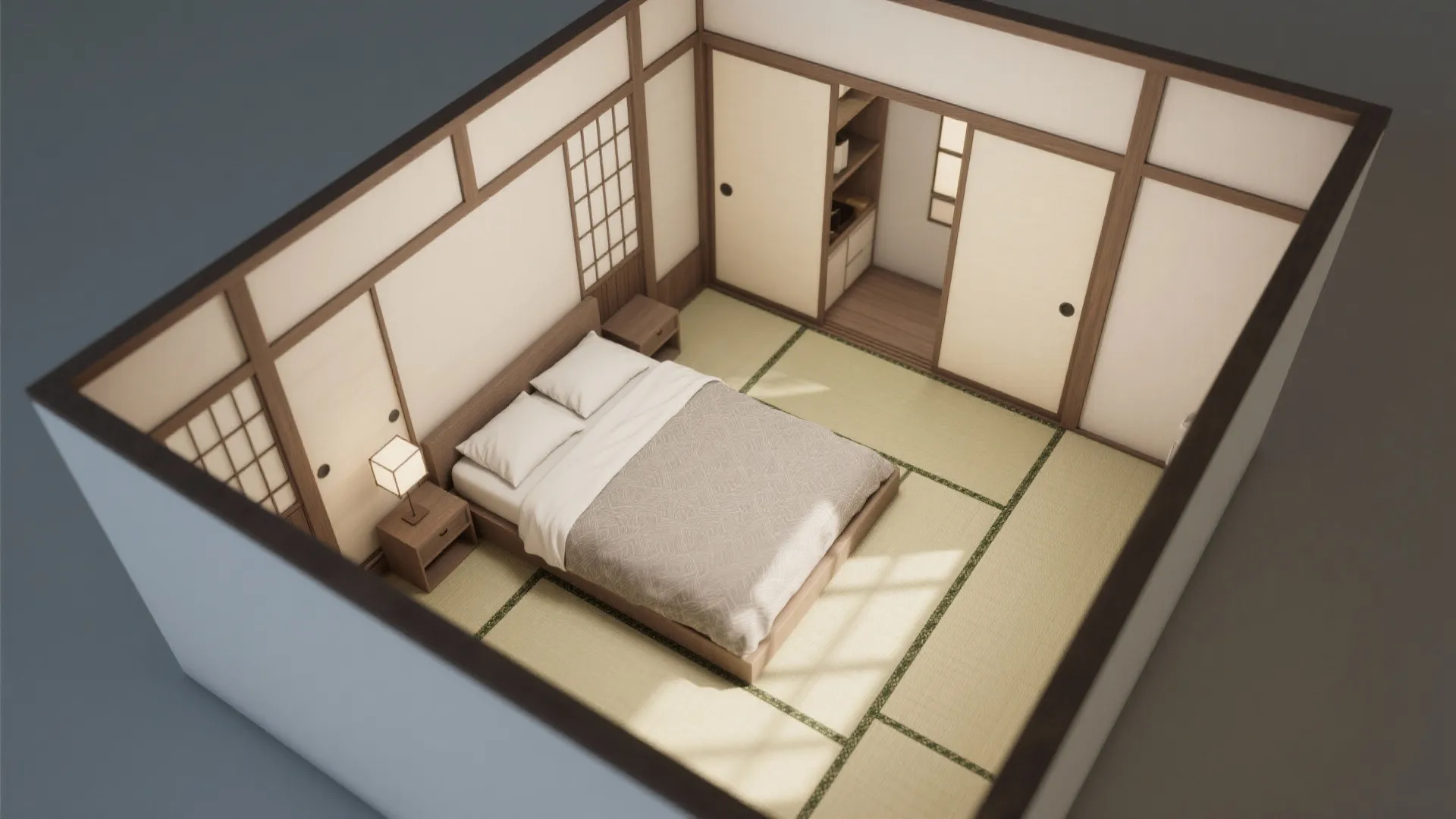 Interior design drawing showing a bedroom layout with wooden bed, floor mats, and sliding doors