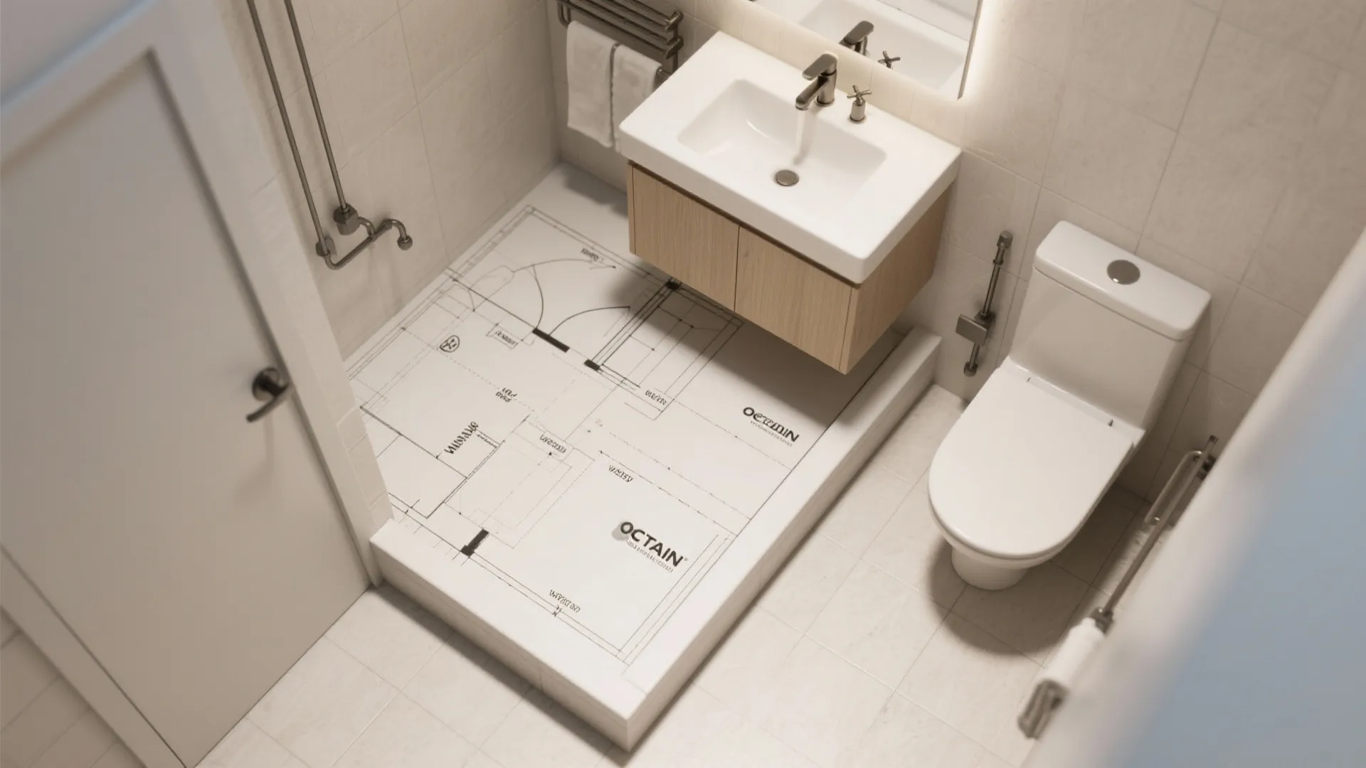 Top-down rendered small bathroom layout showing faucet, vanity and clearances.