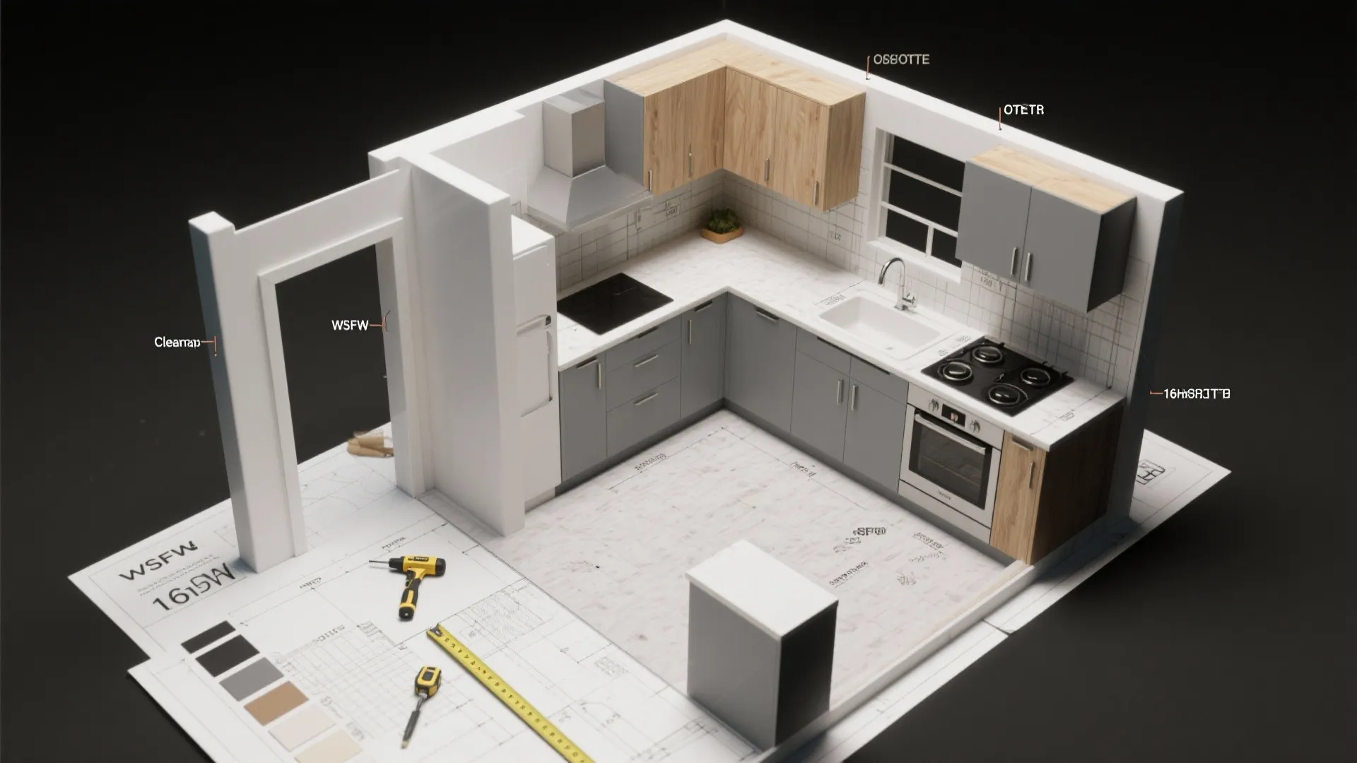 Top-down mockup of a small kitchen plan with gray paint chips and clearance annotations