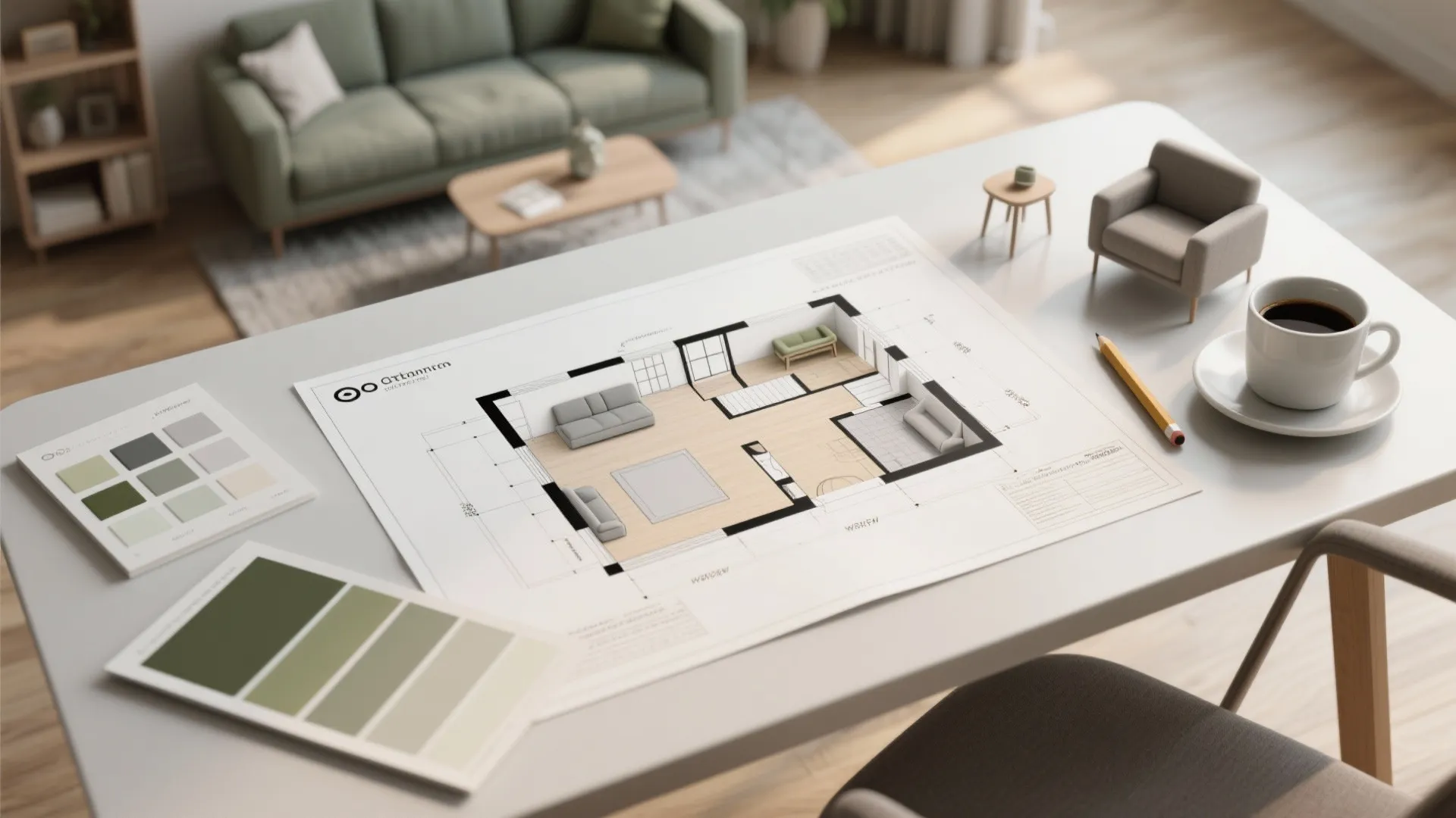 Top-down view of a room planner, color swatches and furniture models used to test small living room layouts.