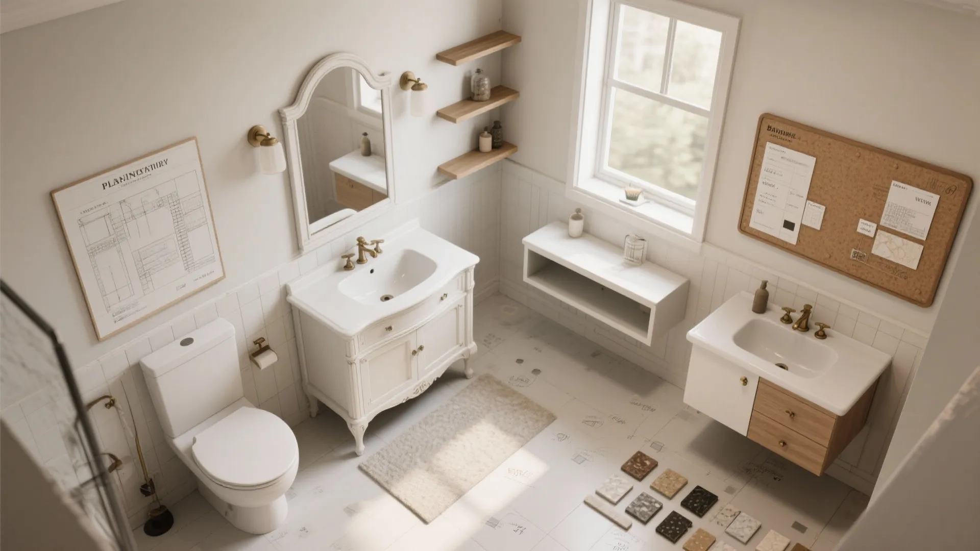 Top-down 3D planner style render showing multiple vanity placements and material samples for a small bathroom.