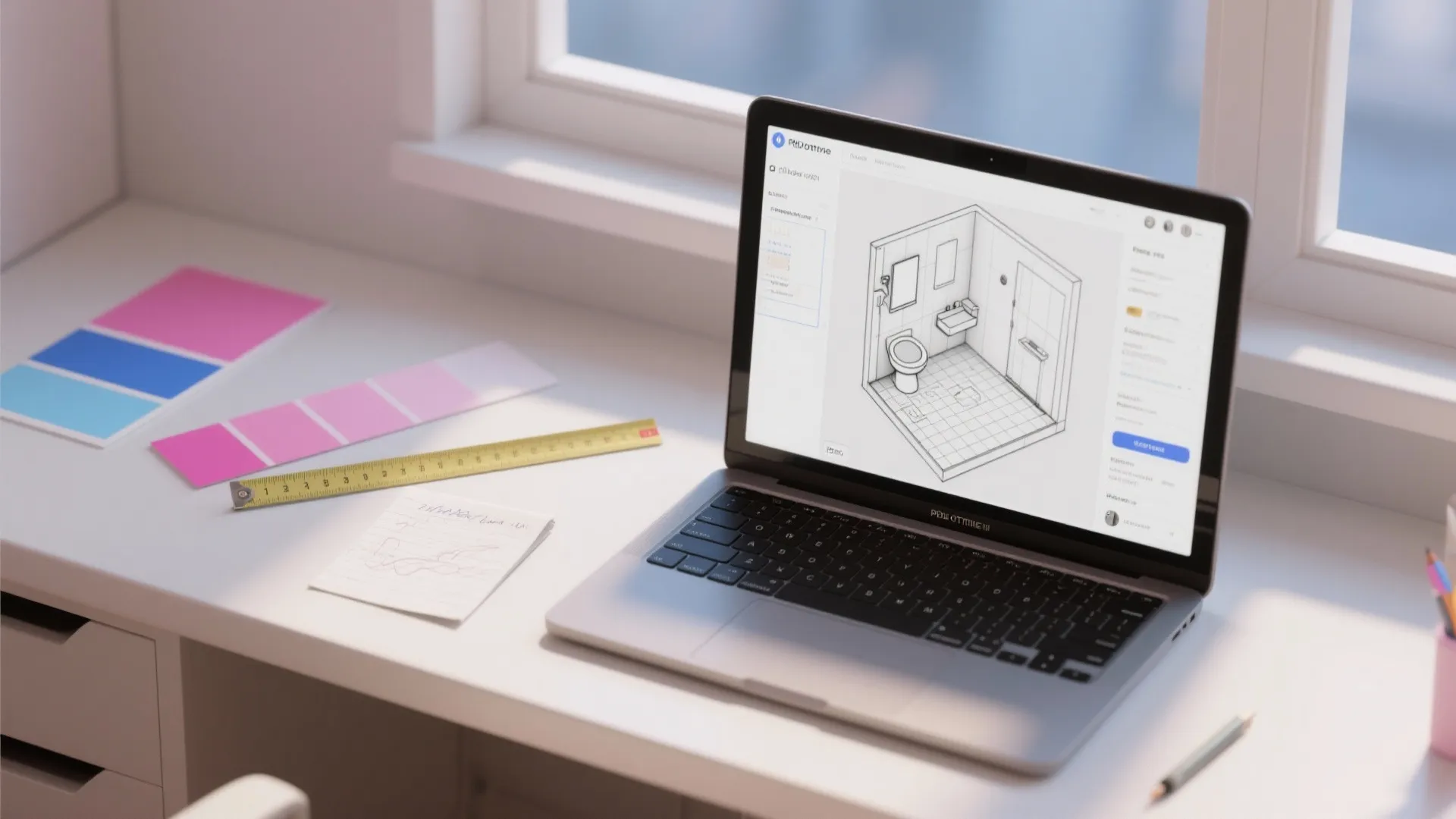 Laptop on a desk showing a 3D bathroom interior design drawing with color palette tools
