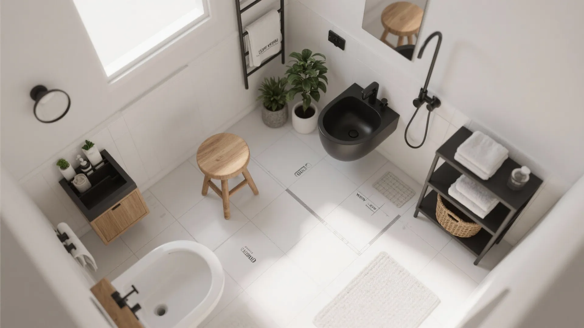 Top view modern white bathroom with wooden stool black sink green plants and white tiles