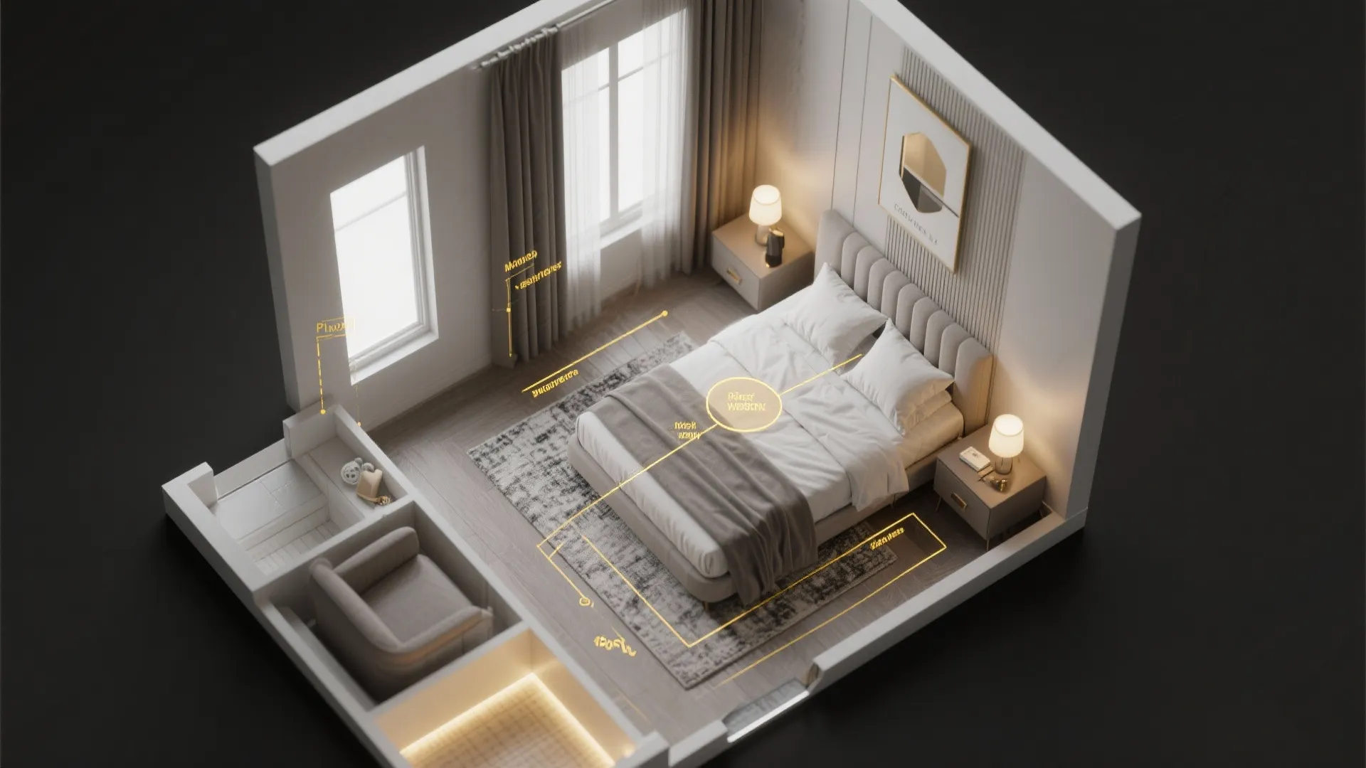 Top-down 3D room planner layout for a small gray-and-gold bedroom