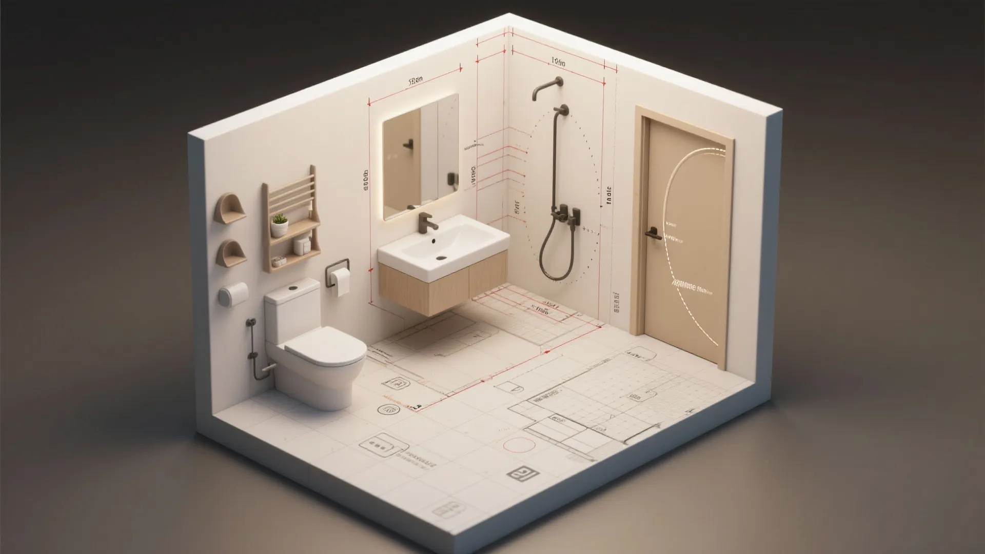 Interior design drawing of bathroom layout with toilet sink shower and red floor plan lines