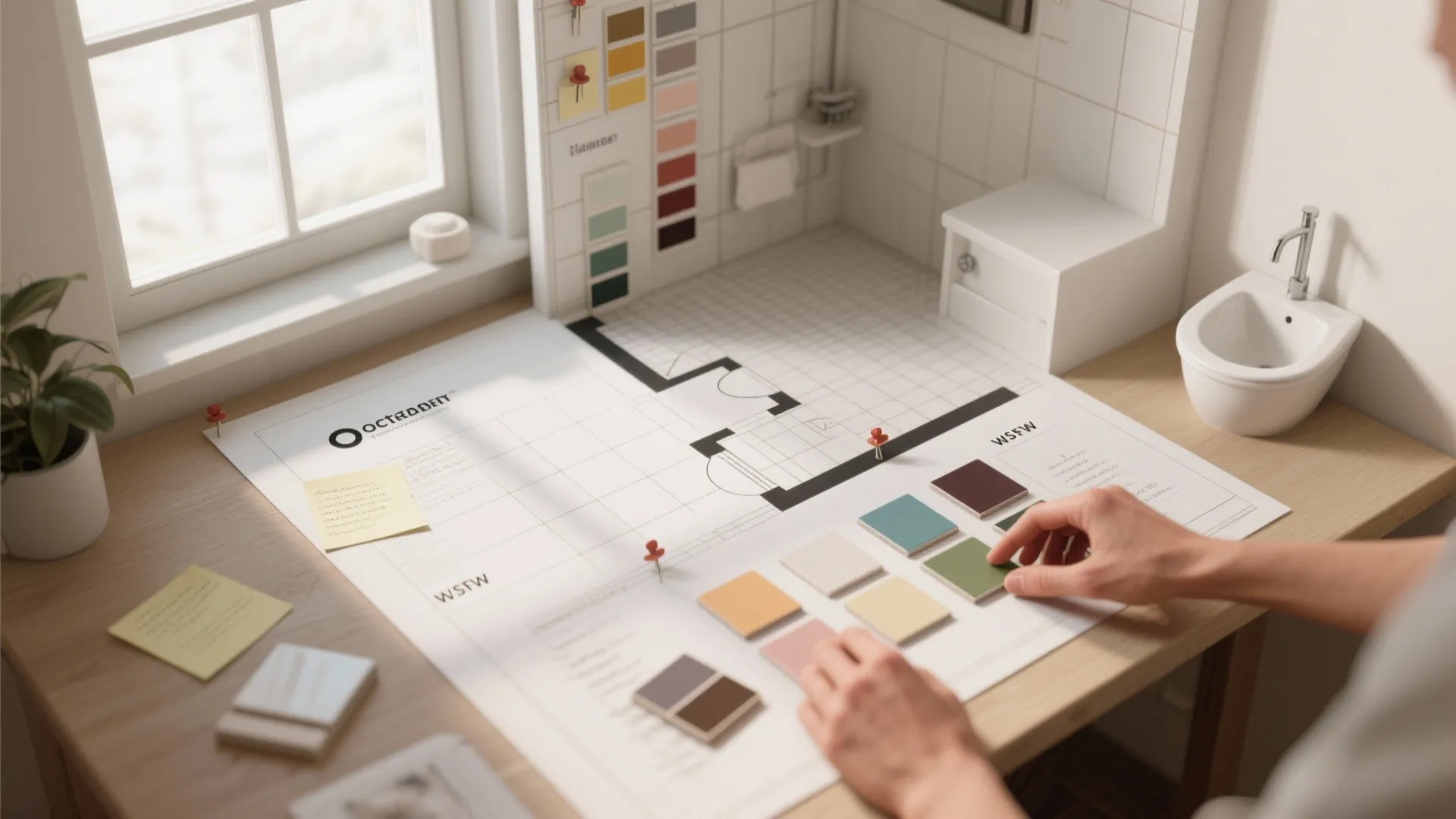 Person picking color samples for a printed room floor plan on a wooden desk near window