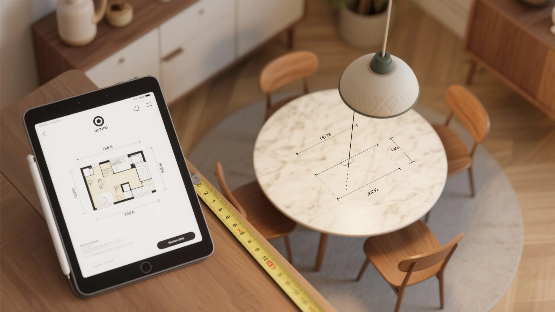 Tablet displaying house floor plan next to marble dining table with measuring tape and chairs