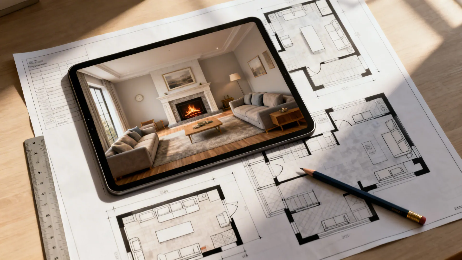 Digital tablet showing living room interior design drawing placed on paper floor plans with pencil