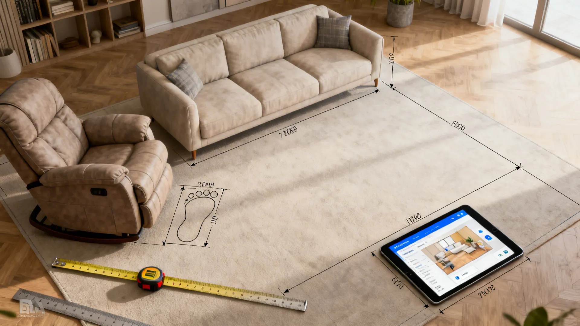 Living room scene with beige sofa armchair measuring tape and tablet showing floor plan software