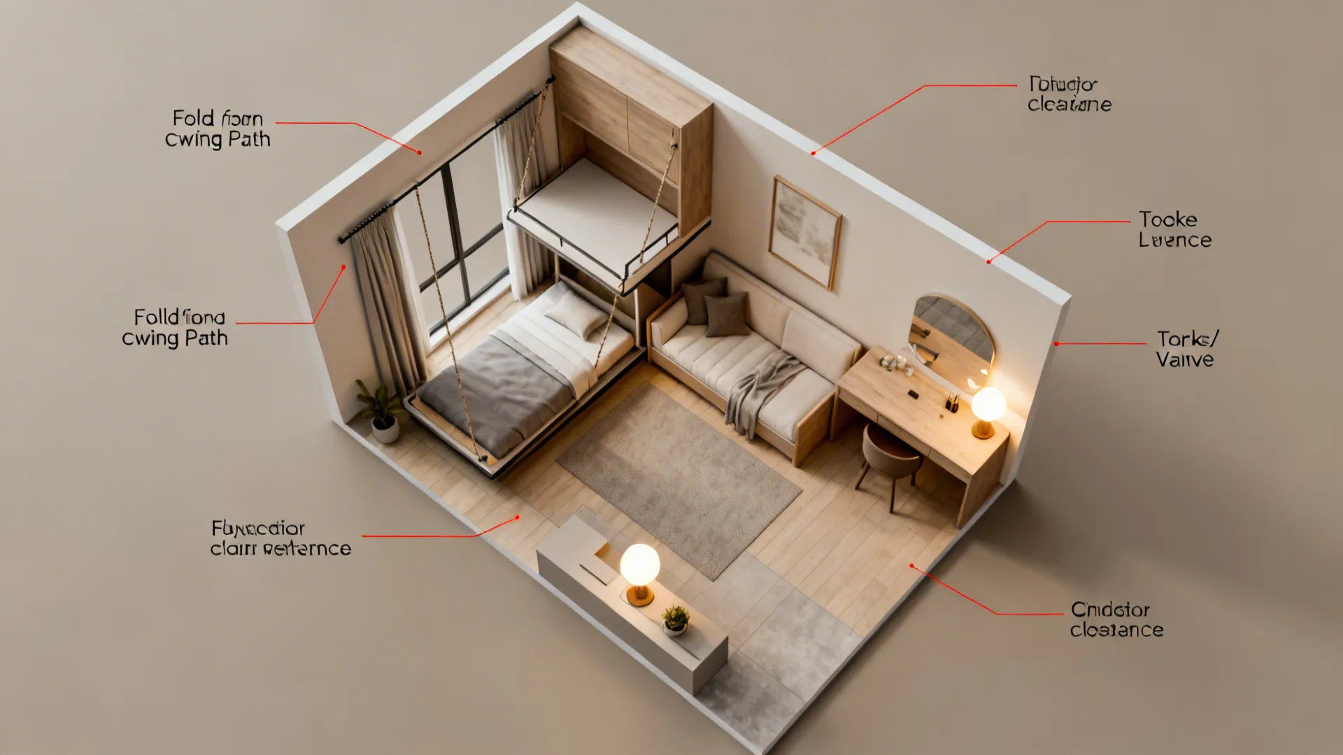 Top-down visual planner showing furniture layout and clearance for a small guest room