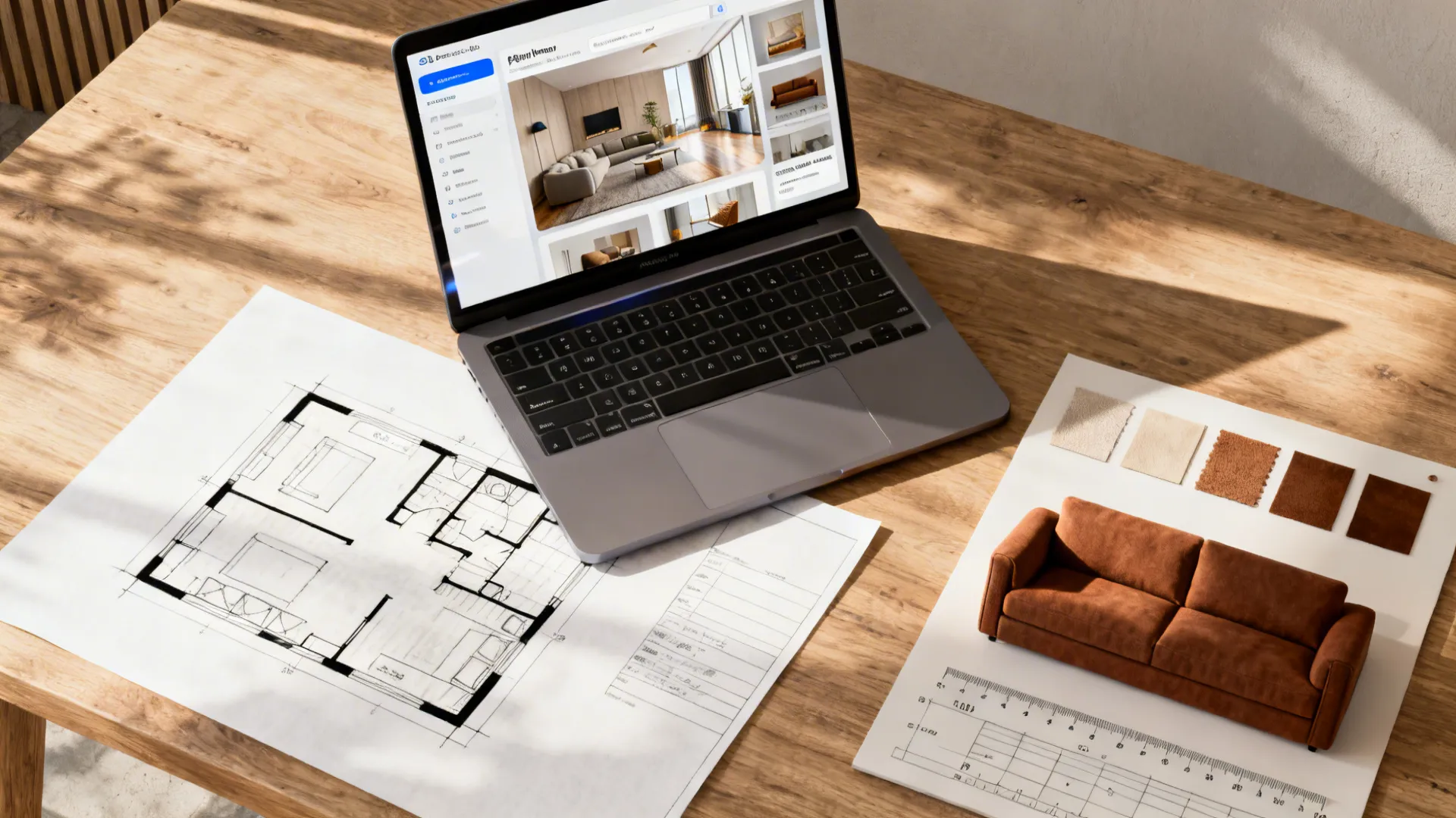 Top-down view of a floorplan sketch next to a laptop showing a room planner and brown sofa swatches