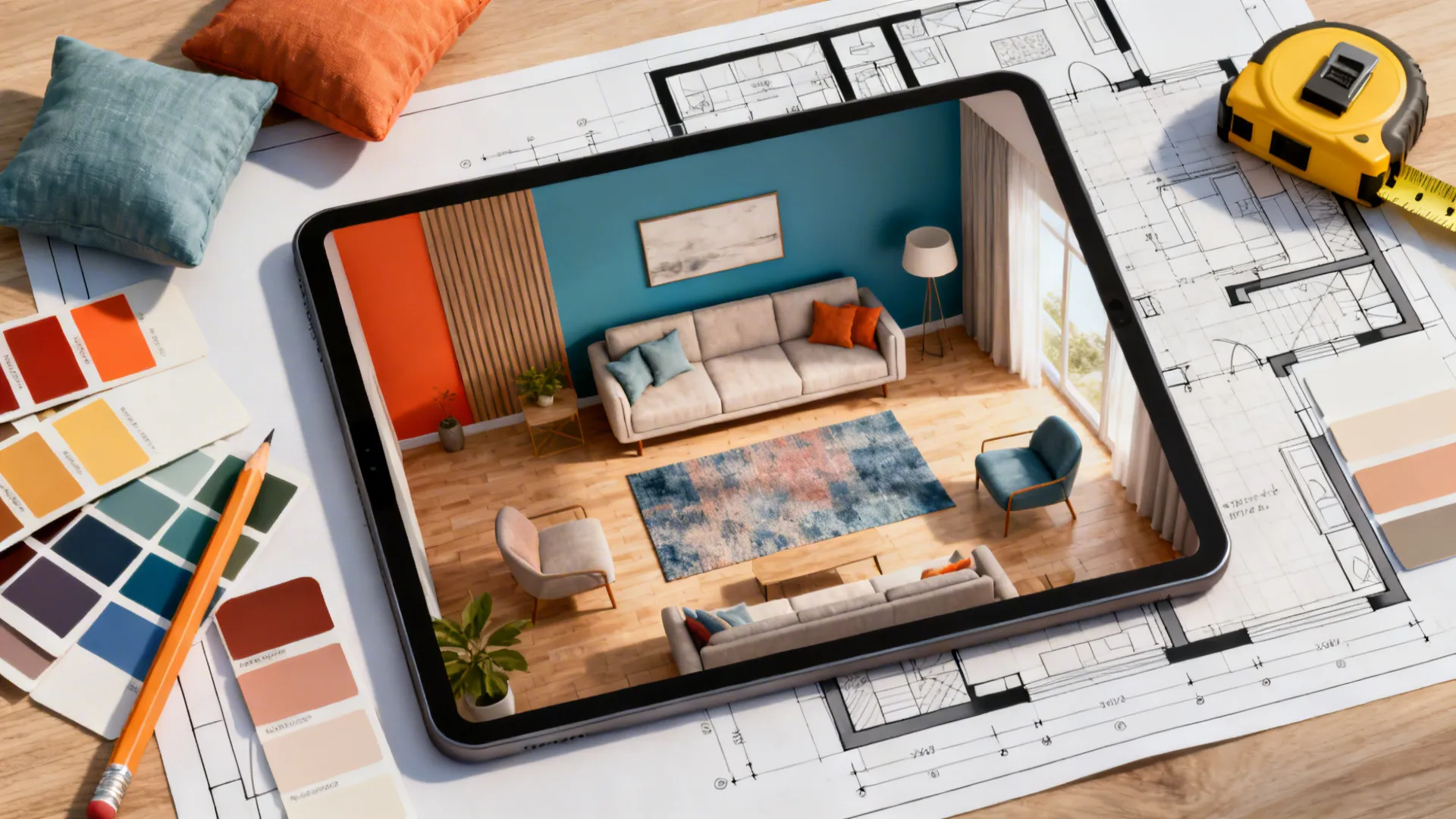 Top-down view of a floor planner mockup with color-coded furniture and paint swatches.