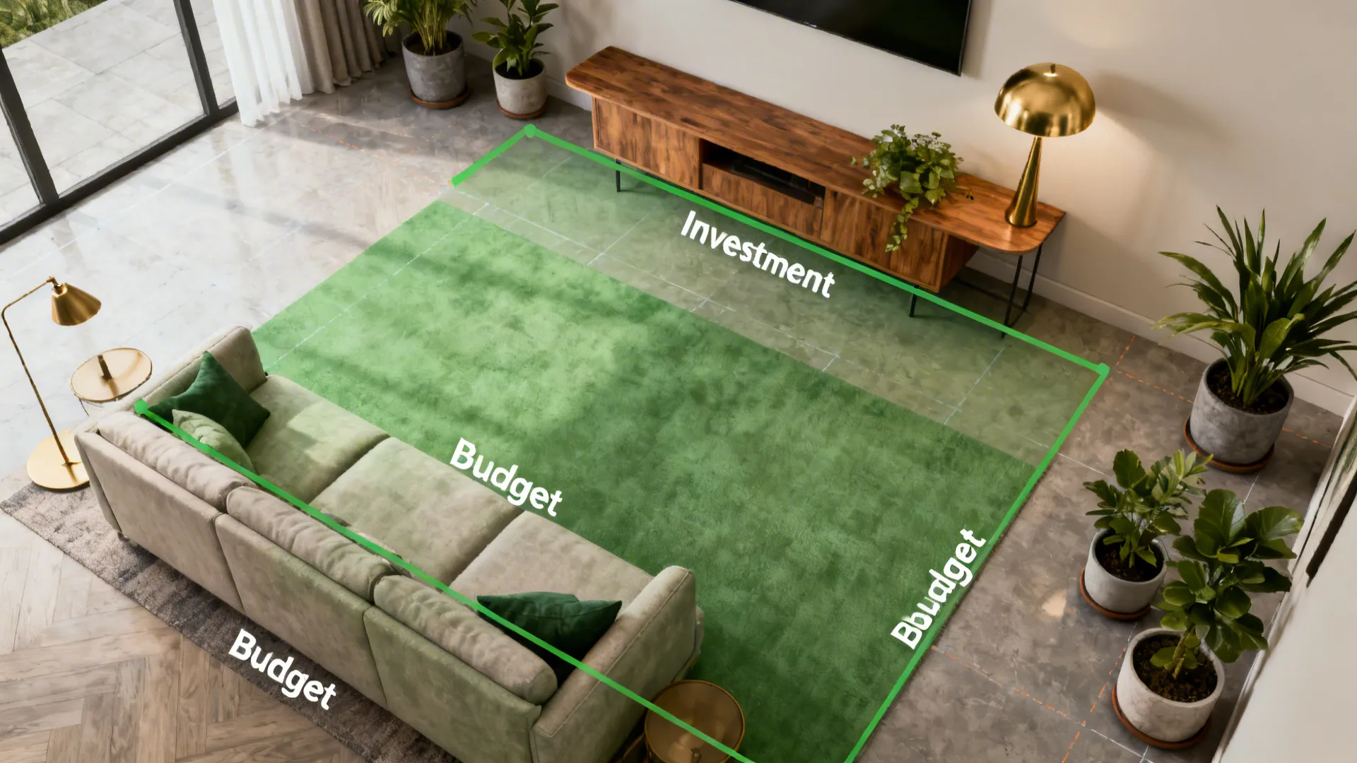 Top-down 3D planner view showing living room layout with highlighted investment item and plant placement