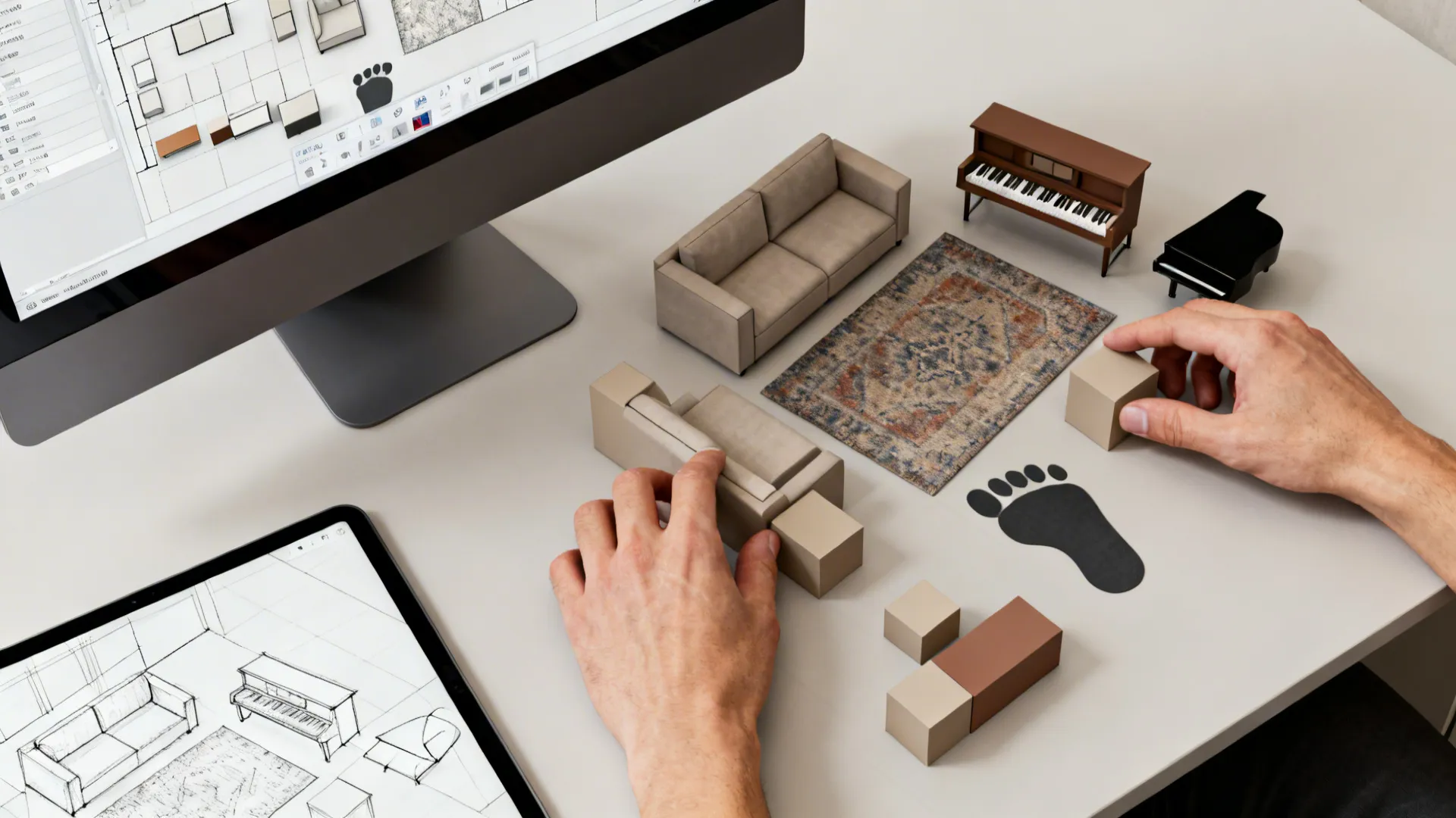 Top-down view of quick layout sketches and a 3D floor planner on a screen for testing furniture arrangements.