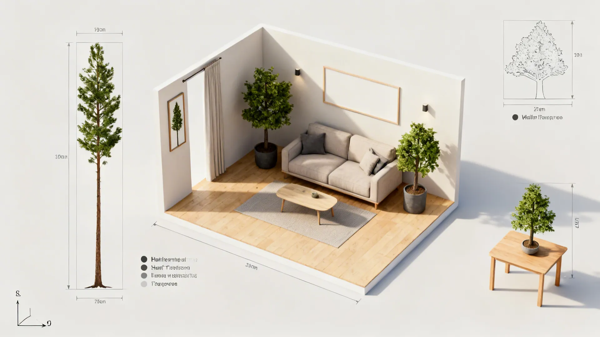 Top-down room planner view showing scaled tree placement options in a tiny living room.