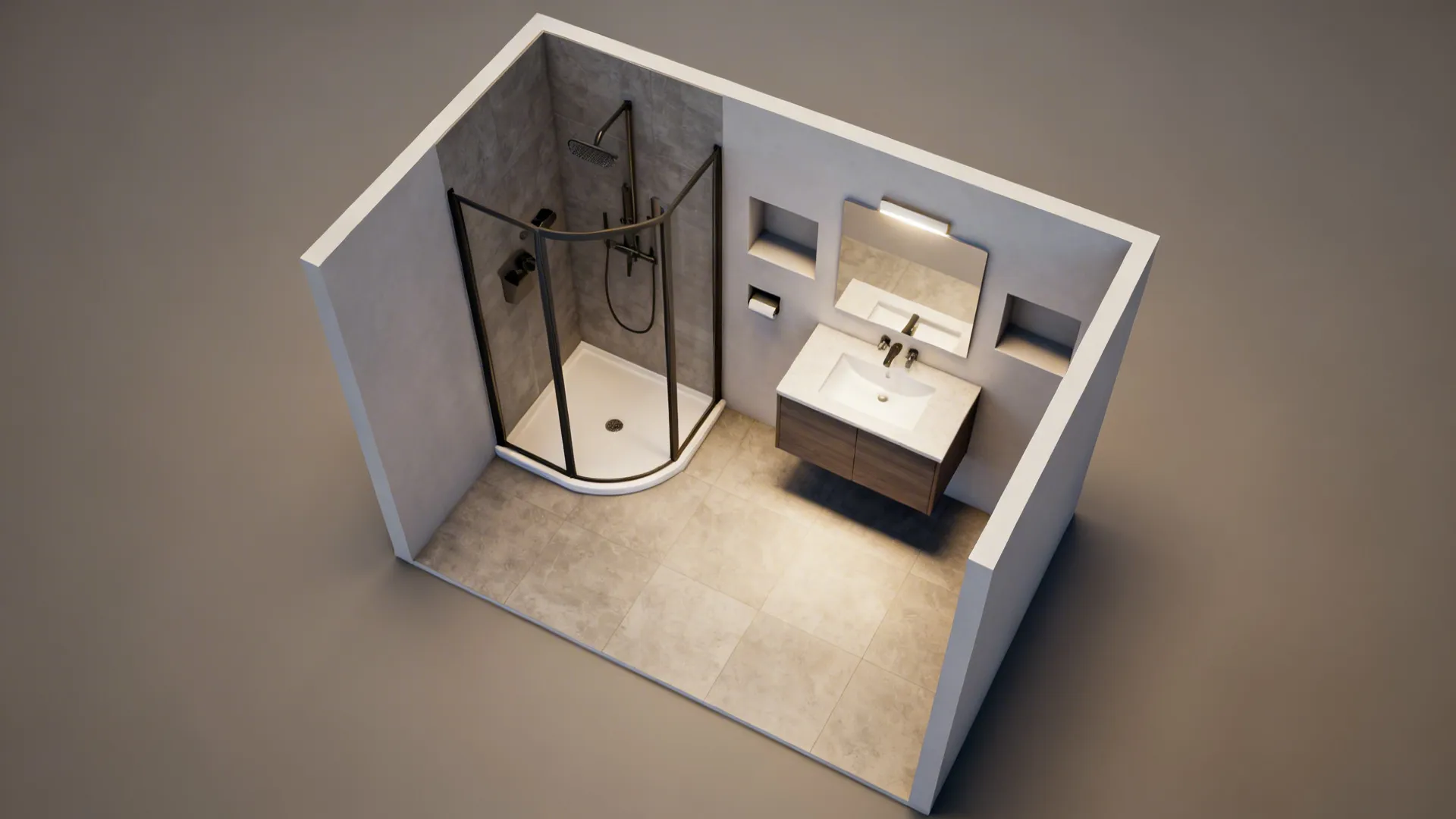 Top-down 3D planner view showing fixture placement and swing options in a small bathroom