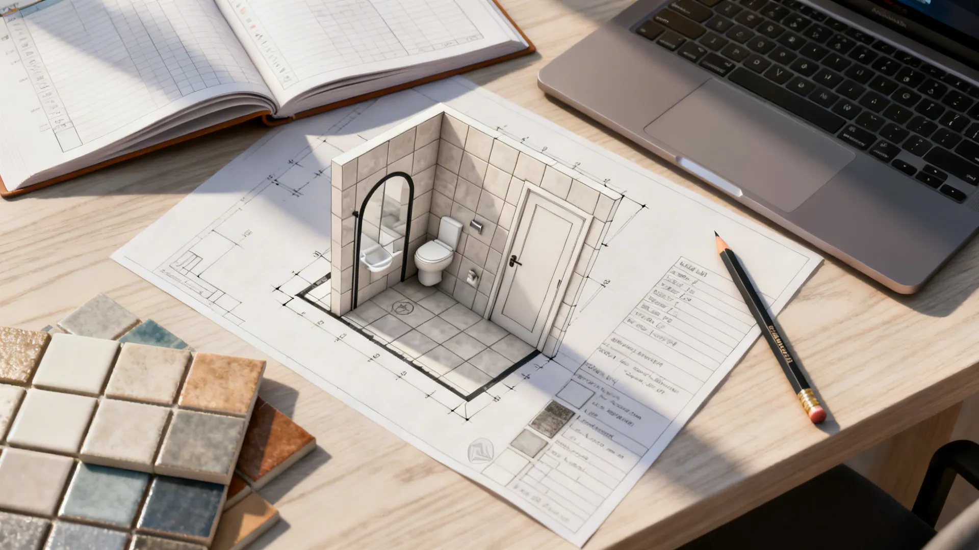 Top-down view of a bathroom floor plan mockup with tile samples and a laptop showing a 3D planner.