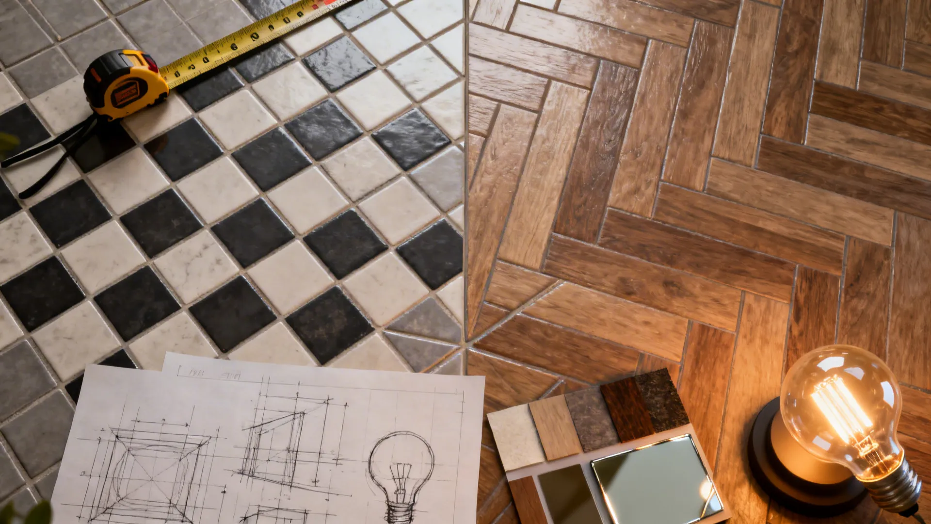 Top-down view of a bathroom layout planner with tile mockups, sketches, and lighting samples.