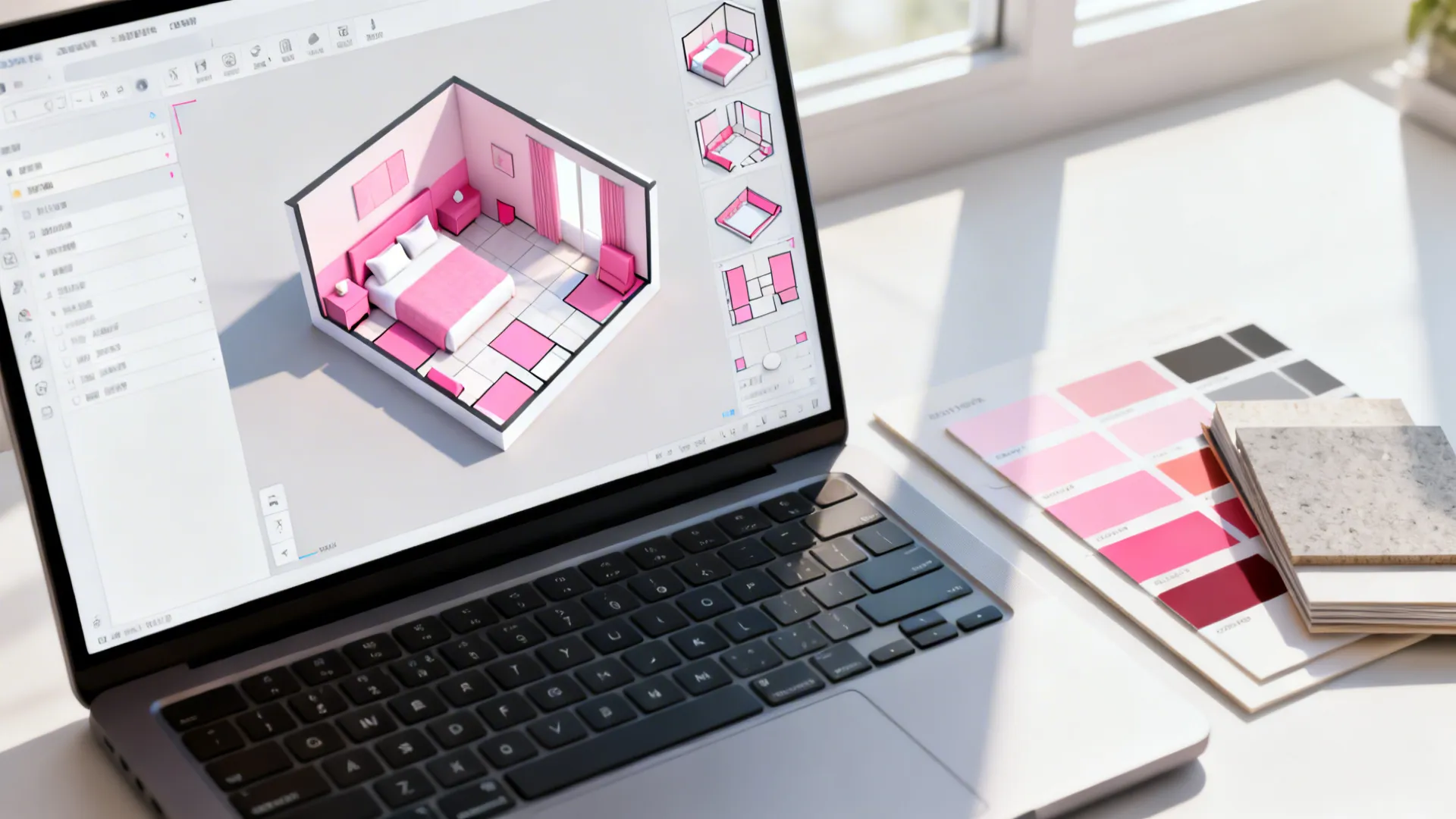 Top-down view of a laptop showing a 3D floor planner with pink and white bedroom layouts and paint swatches.