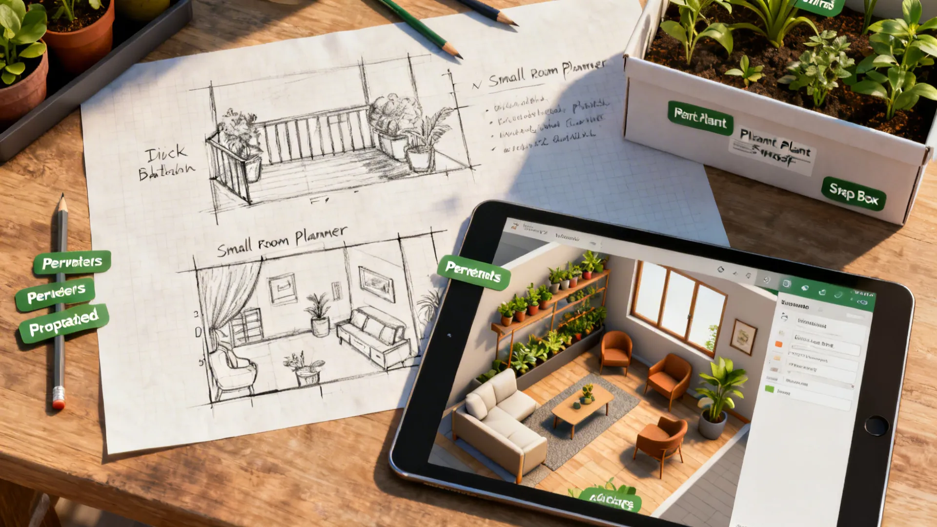 Top-down view of a balcony layout sketch and a 3D planner on a tablet for planning furniture and plants.