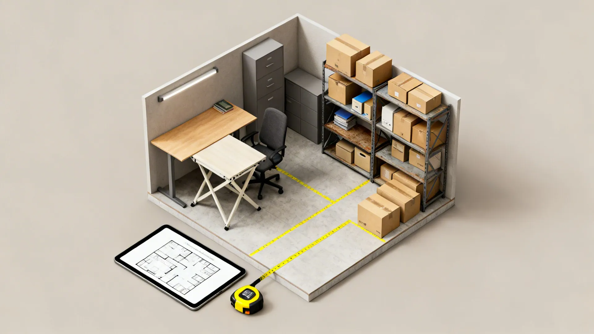 Top-down layout sketch showing scaled furniture footprints and a tablet with a room planner.