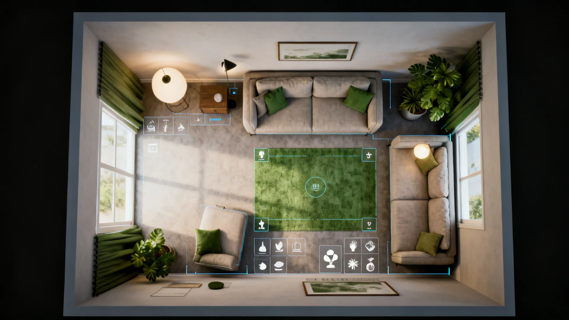 Top-down mockup of a living room layout planner showing sofa, lighting, rug and plant options for Feng Shui testing.