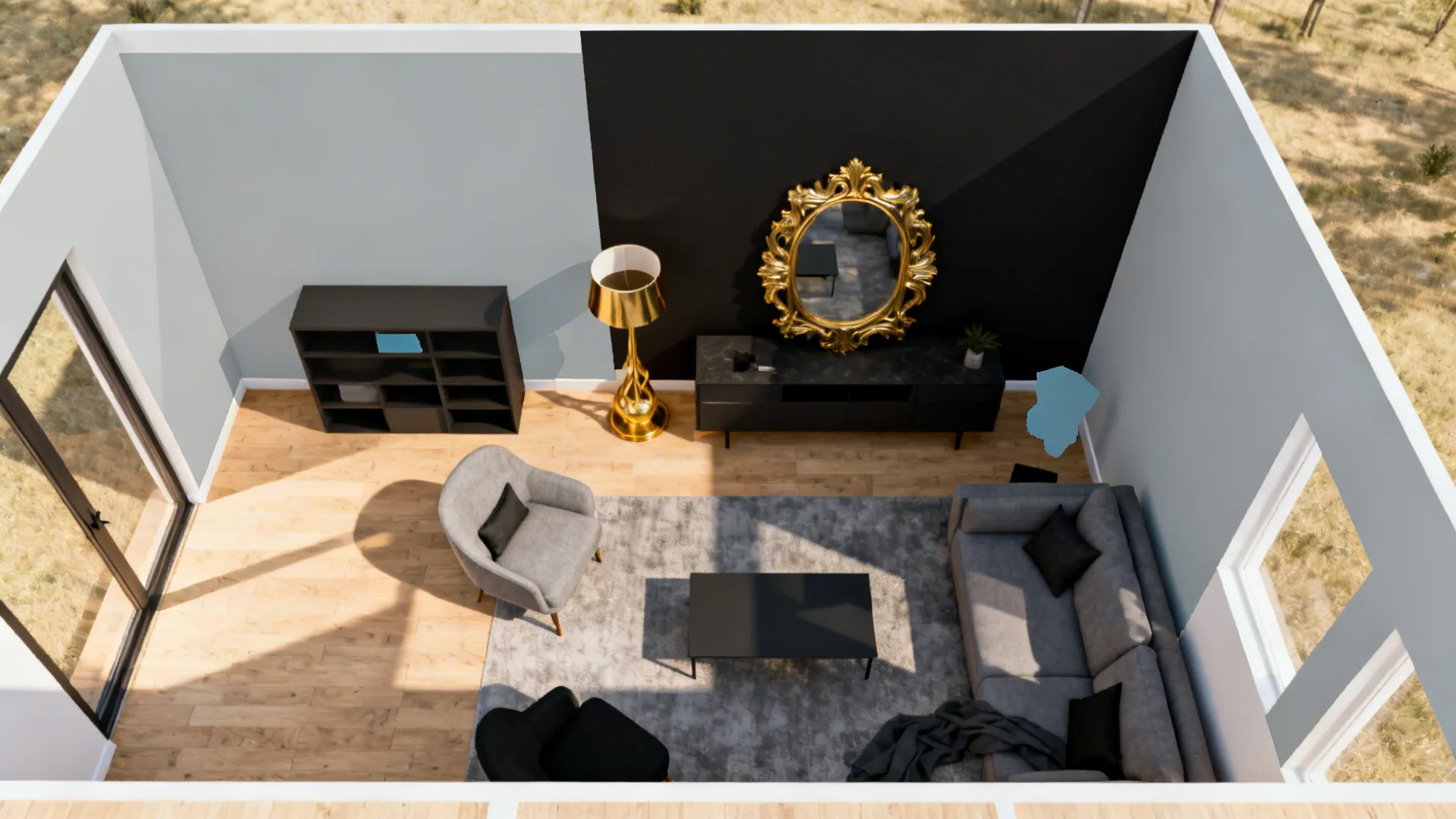 Top-down layout visualization showing grey walls, a black feature wall and a single gold statement piece