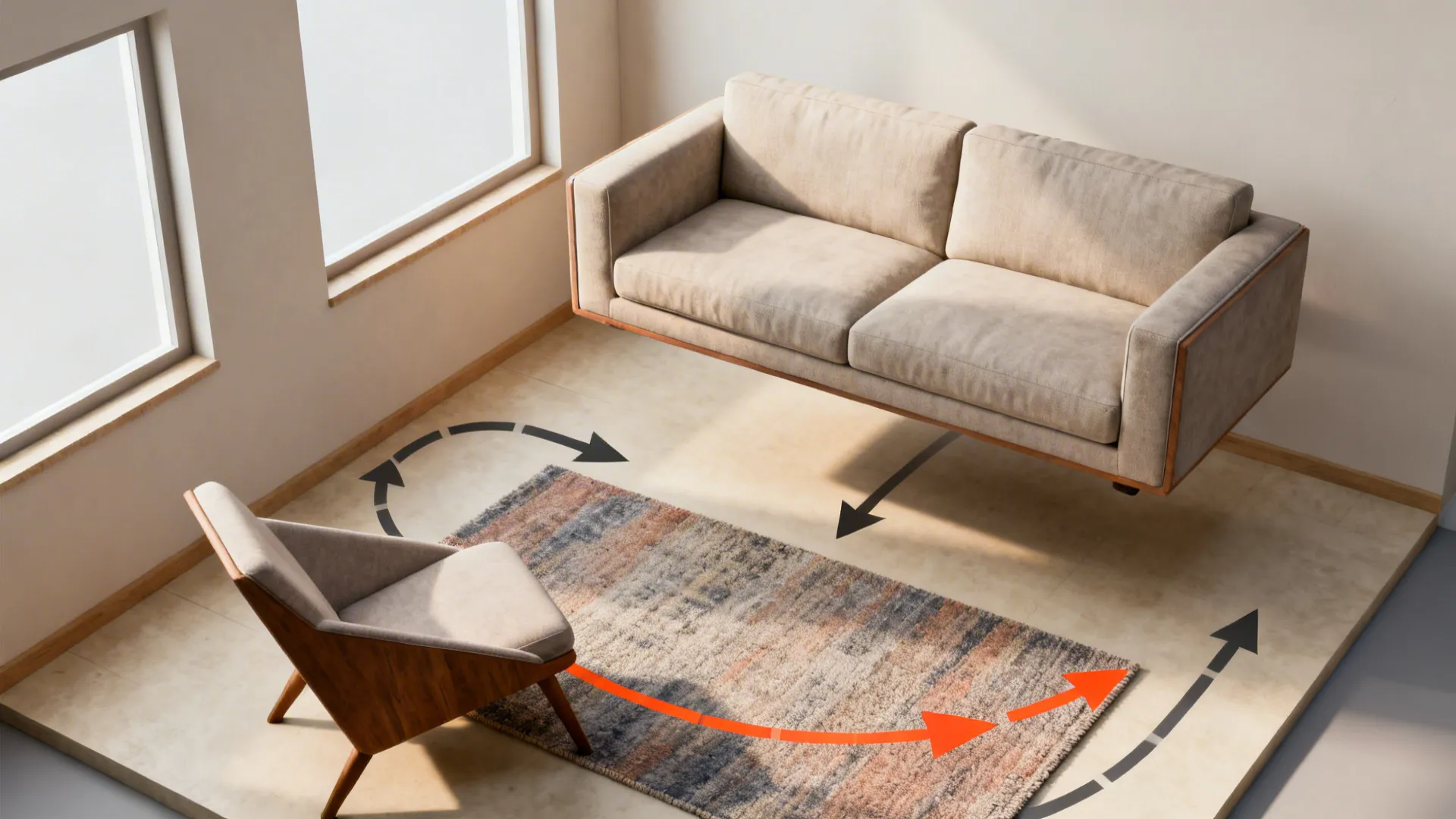 Top-down visual plan of a small living room showing floated furniture and circulation paths