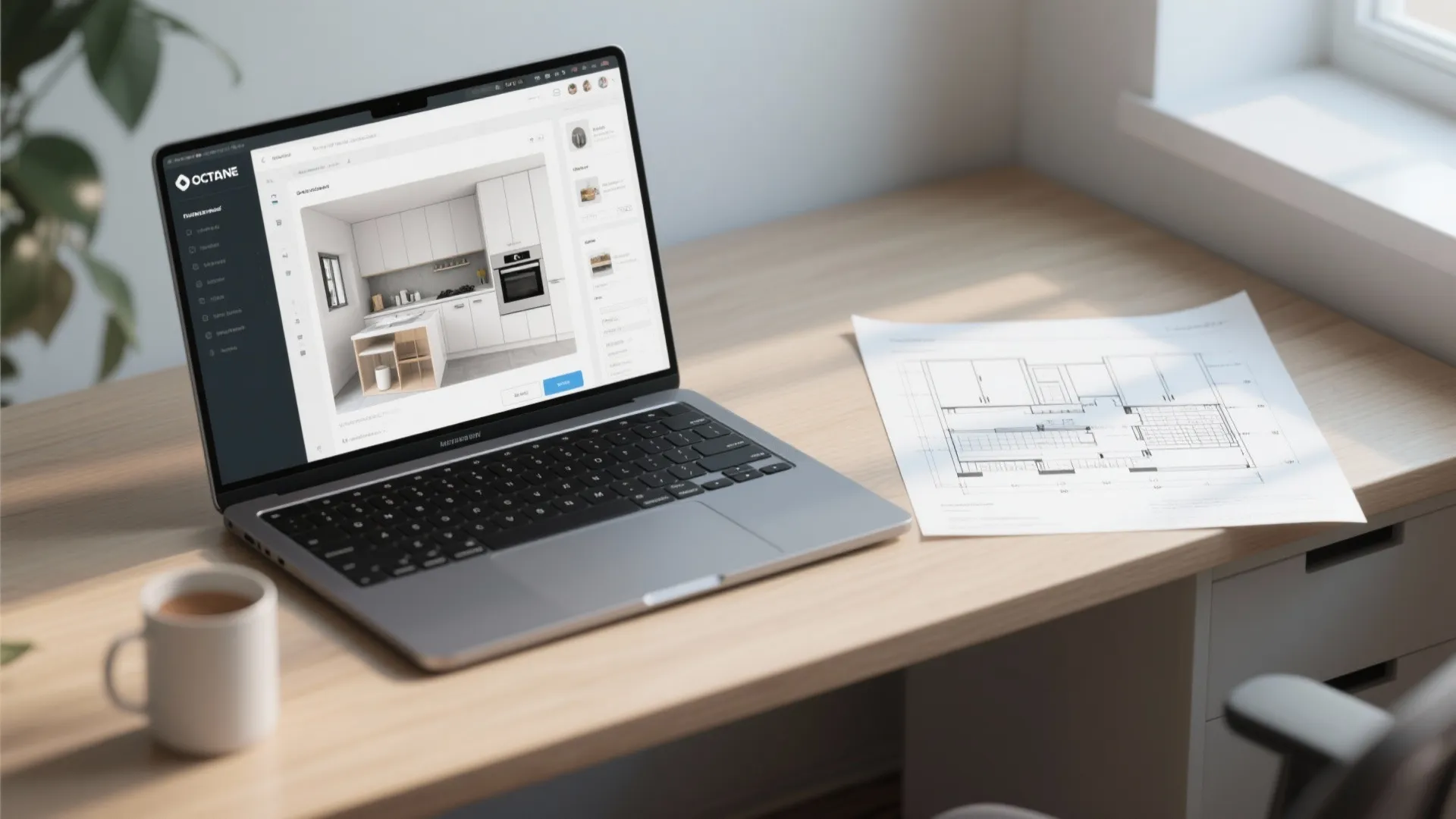Laptop showing kitchen design software next to a floor plan paper on a wooden desk