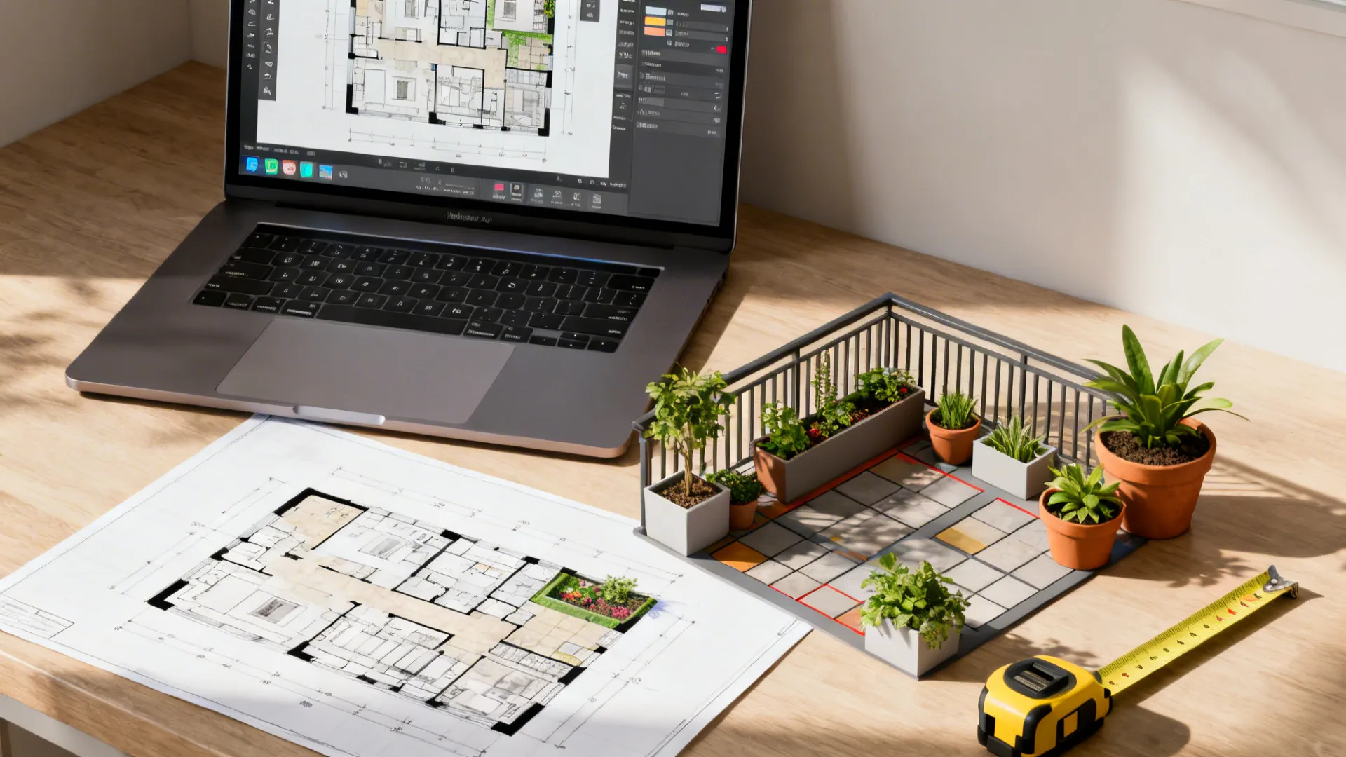 Top-down view of a workspace with a laptop showing a floor-plan creator and 3D mockup for balcony layout planning.
