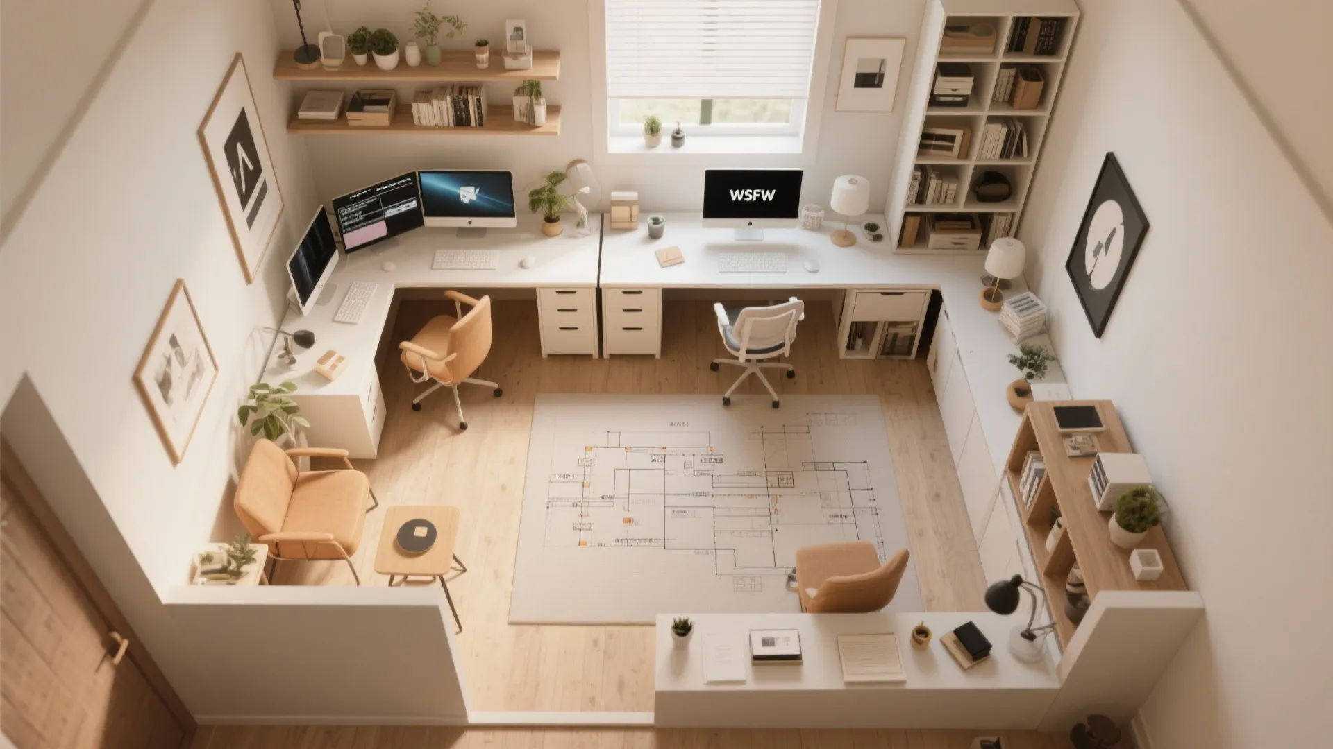 Top view of office room design with floor plan rug corner desks and white storage cabinets