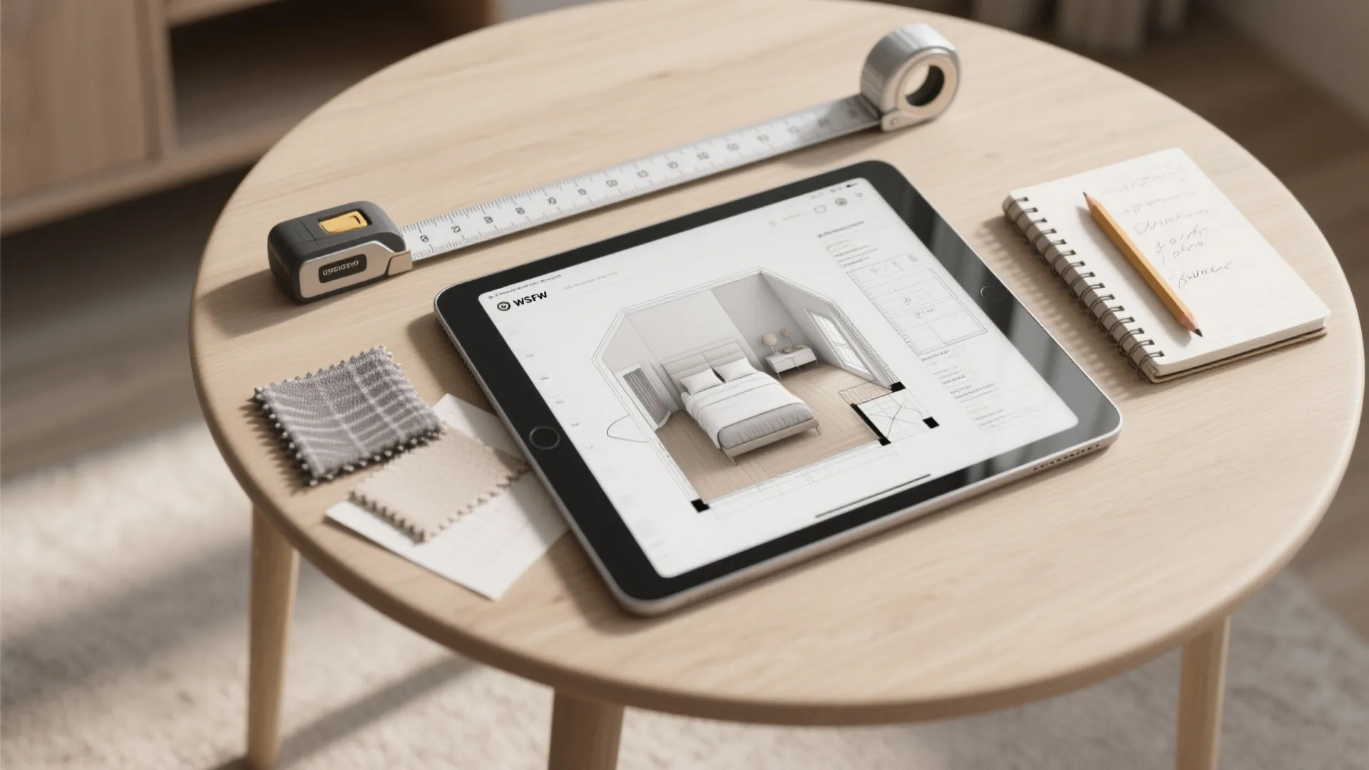 Top-down view of a tablet showing a 3D floor plan, measuring tape, and notebook for bedroom layout planning.