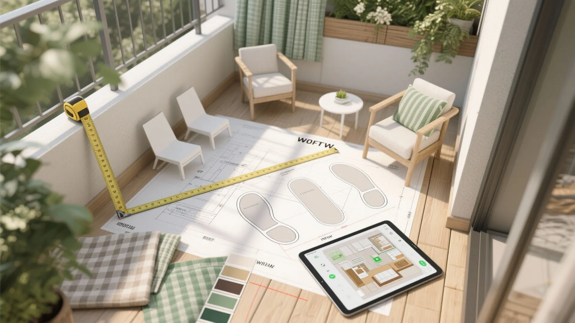 Balcony floor layout planning with measuring tape tablet showing interior design drawing and fabric samples