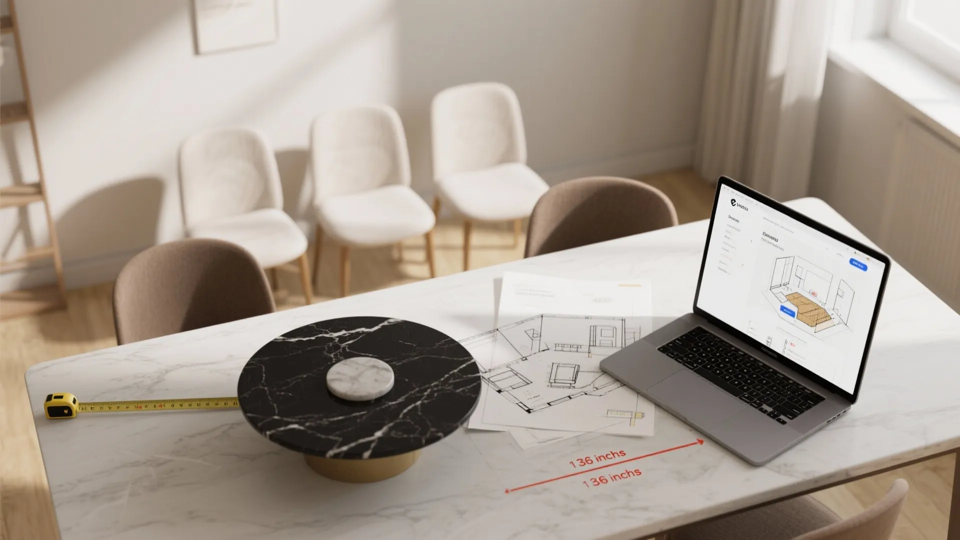 A laptop showing interior design drawing on marble table with tape measure and white chairs