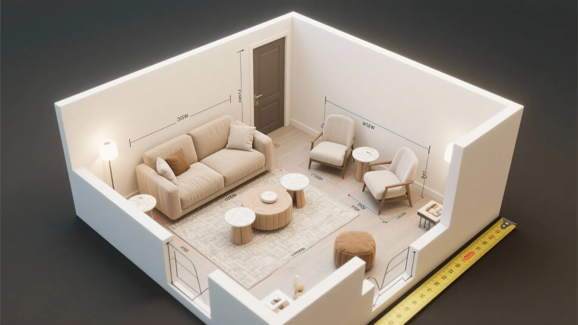 Three dimensional living room layout drawing showing beige sofa with measurements and a yellow tape measure