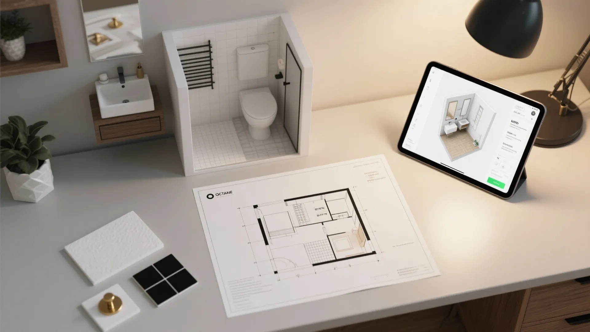 Top-down desk scene with bathroom floor plan, material swatches and a tablet showing a 3D planner.