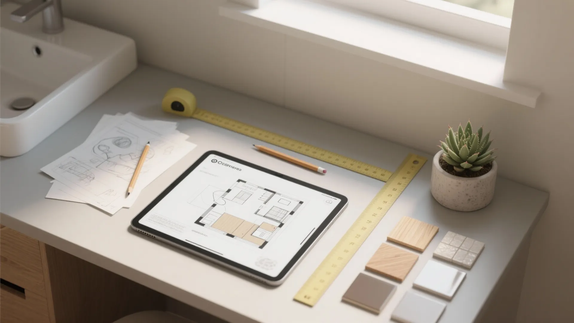 Interior design drawing on a tablet with measuring tape, pencils, and floor tile color samples