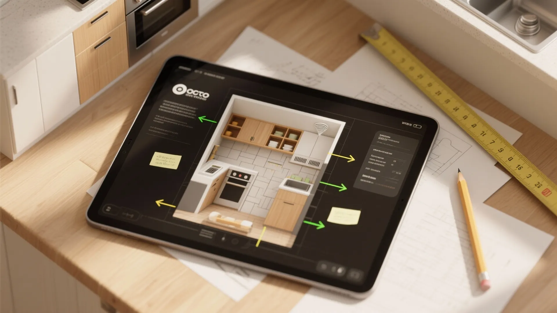 Tablet showing interior design drawing of a kitchen layout with measuring tape and pencil nearby