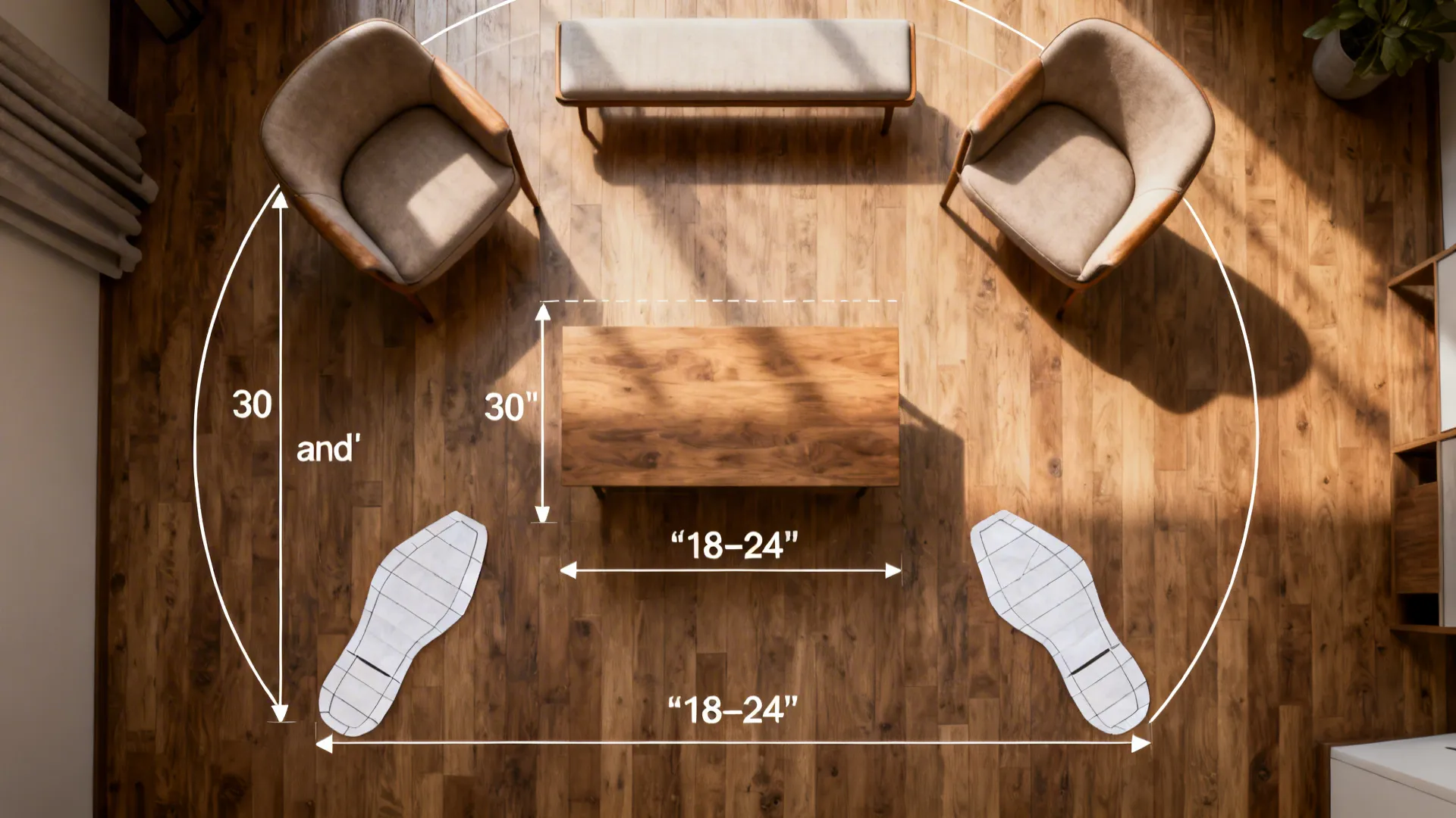 Top-down floor plan mockup showing two chairs, bench options, and circulation measurements.