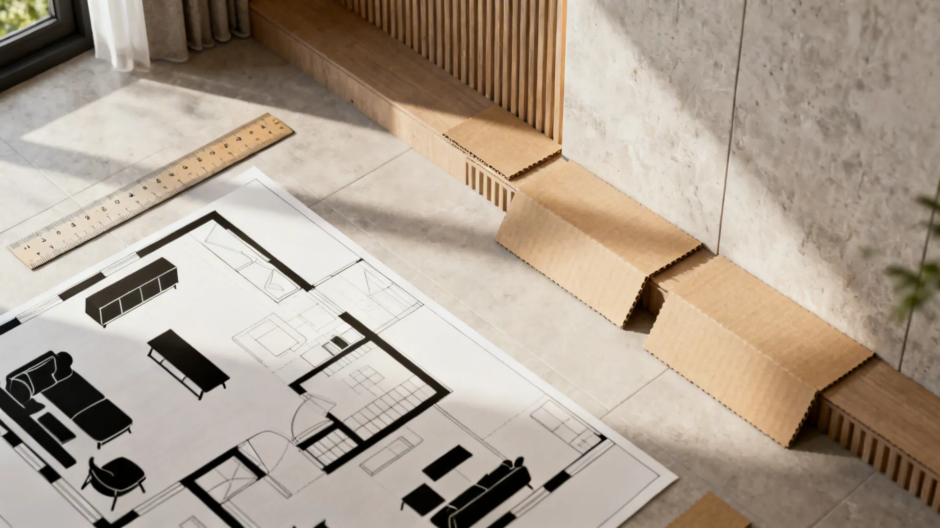 Top-down layout planning with floor plan, cardboard mock-ups and low-profile furniture for testing scale.