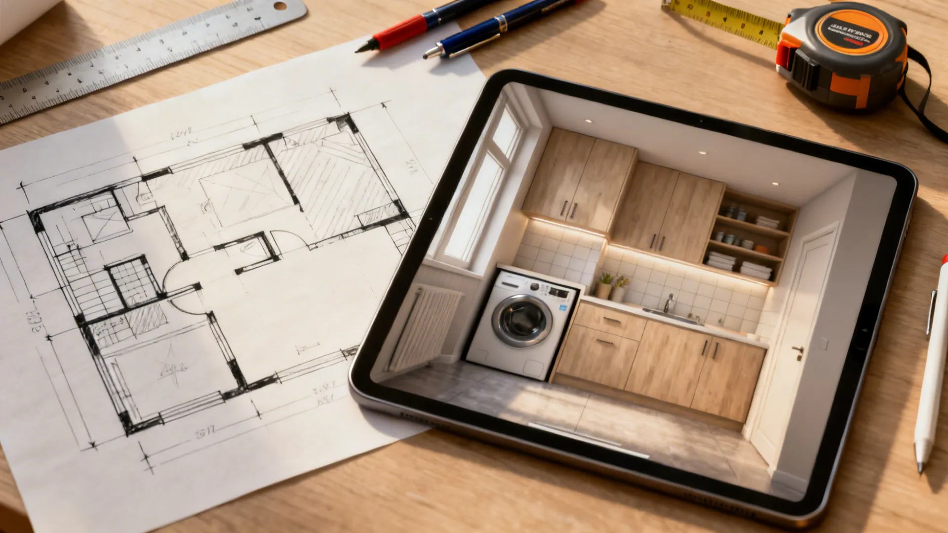 Top-down view of a floor plan sketch and a tablet with a 3D room planner for a small laundry room.