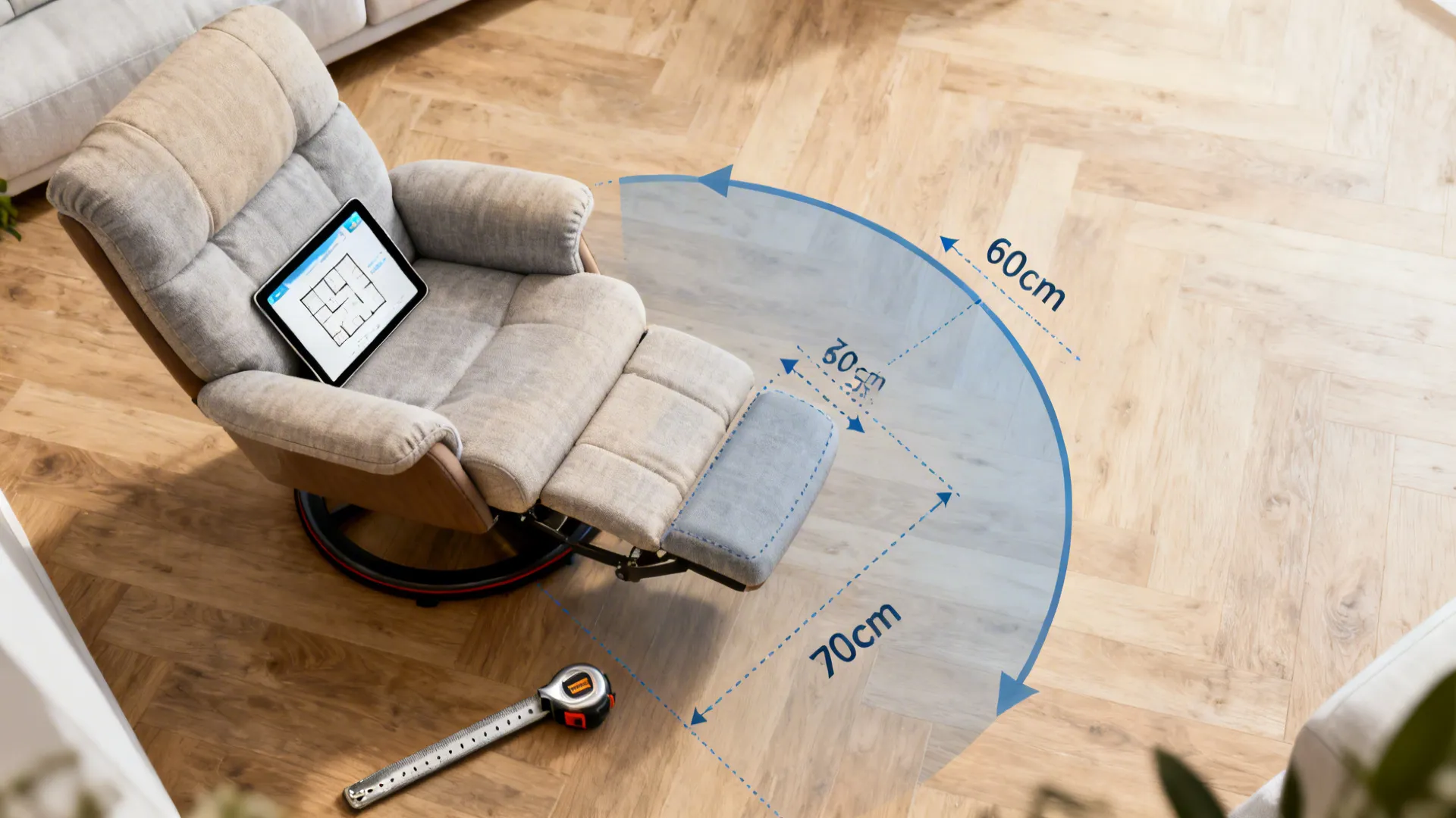 Top-down layout mockup showing swivel recliner footprint, clearance arcs, and measuring tools for planning.