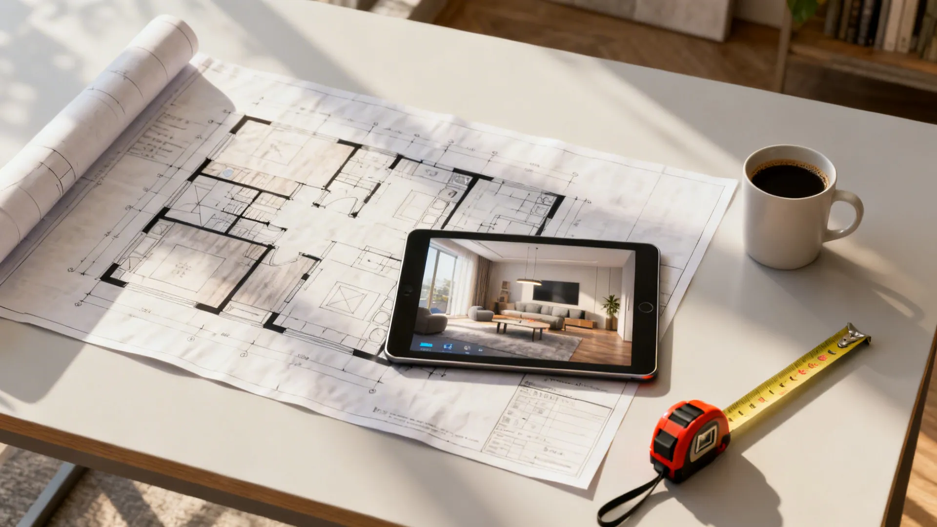 Top-down shot of floor plans and a tablet with a 3D room render used for layout planning.