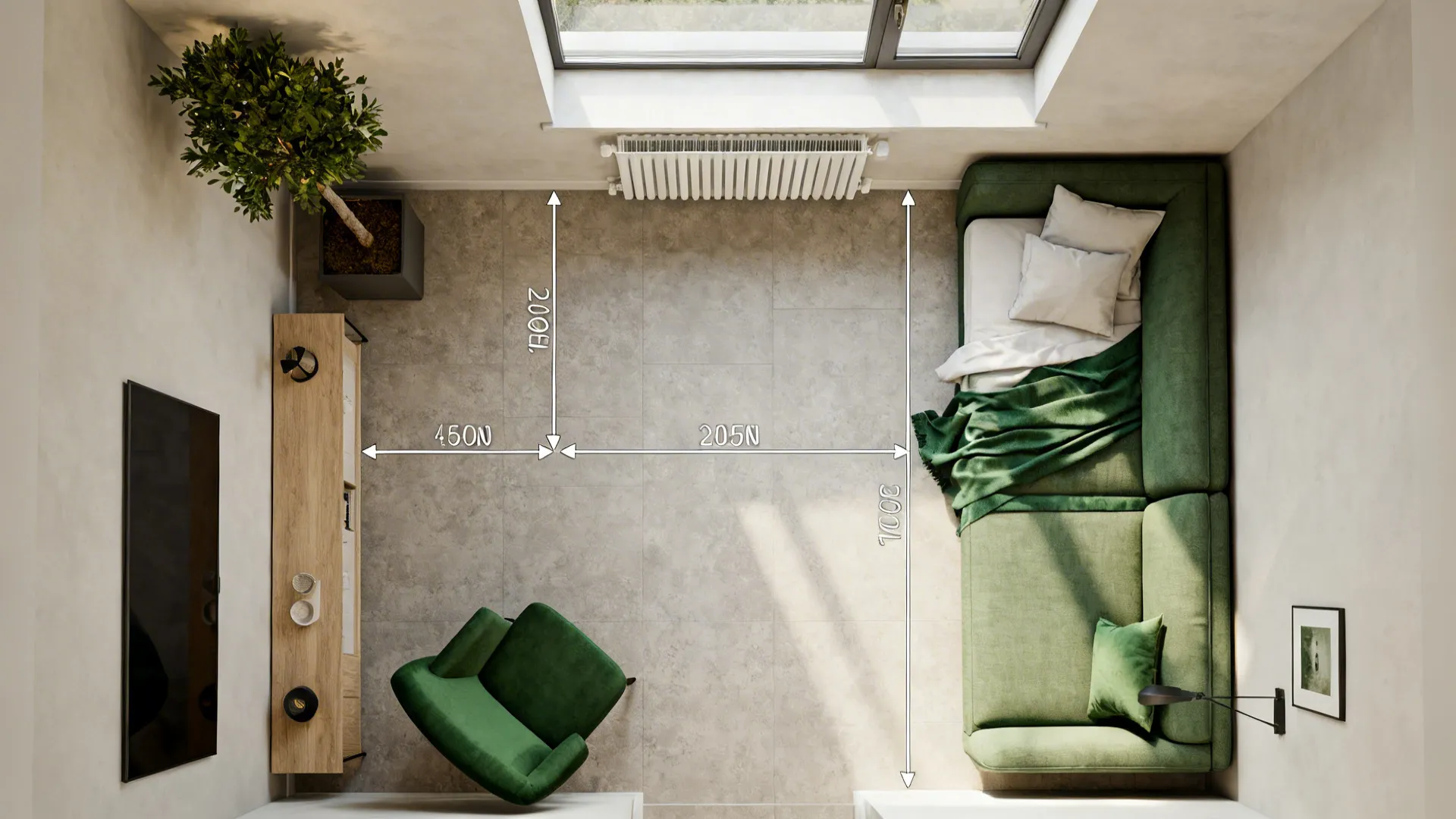 Top-down 3D-style floor plan mockup showing space-saving Christmas layout options