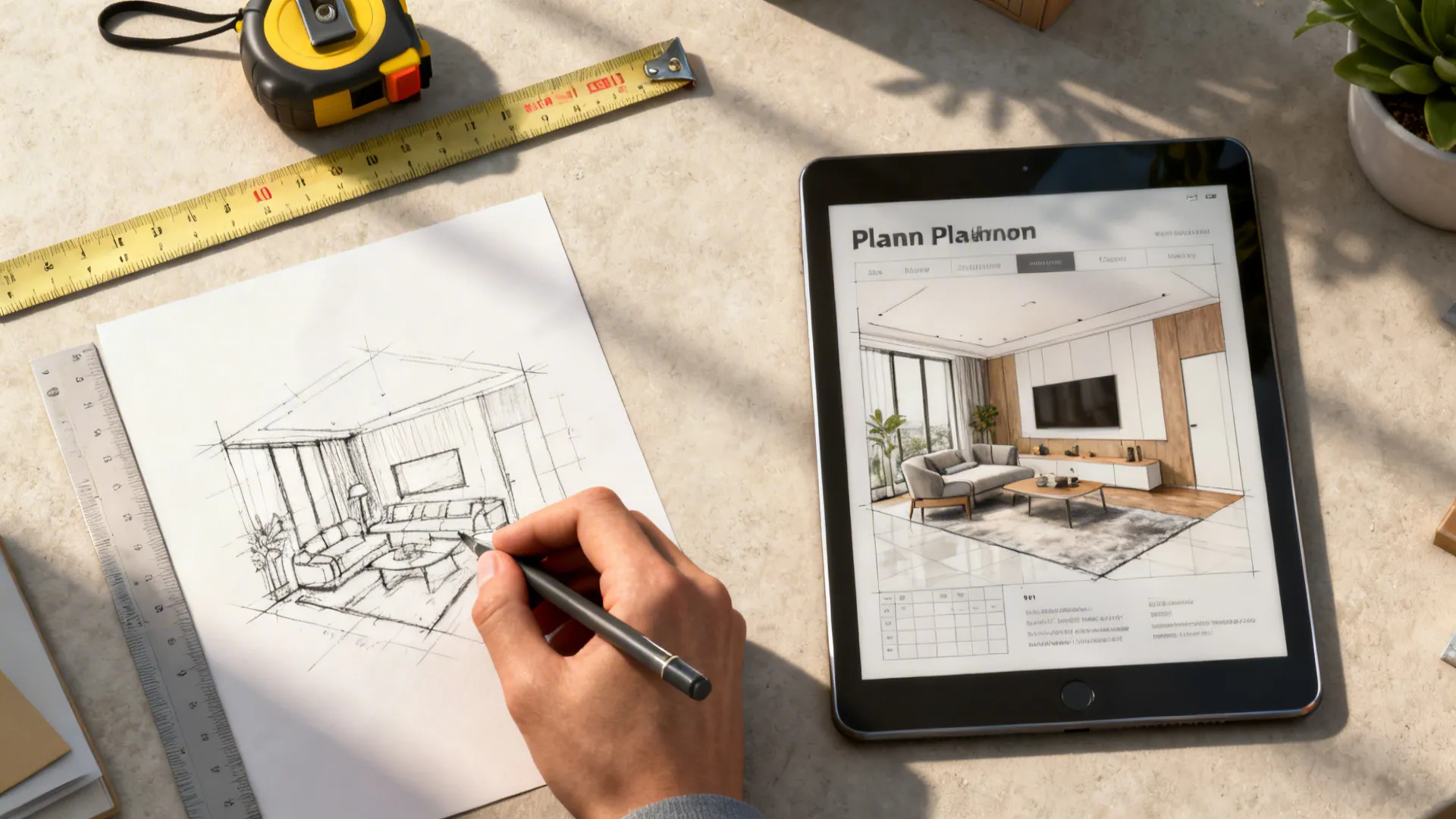 Hand drawing living room sketch next to a tablet displaying a finished interior design drawing