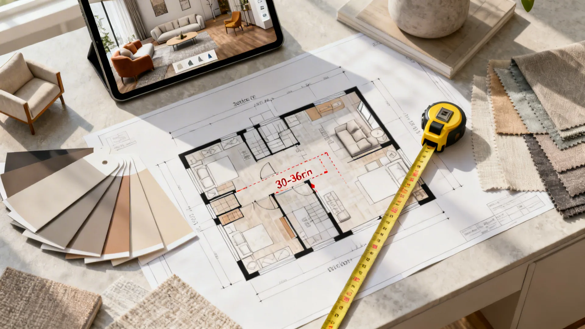 Top-down view of layout planning tools: floor plan, measuring tape, and tablet room planner