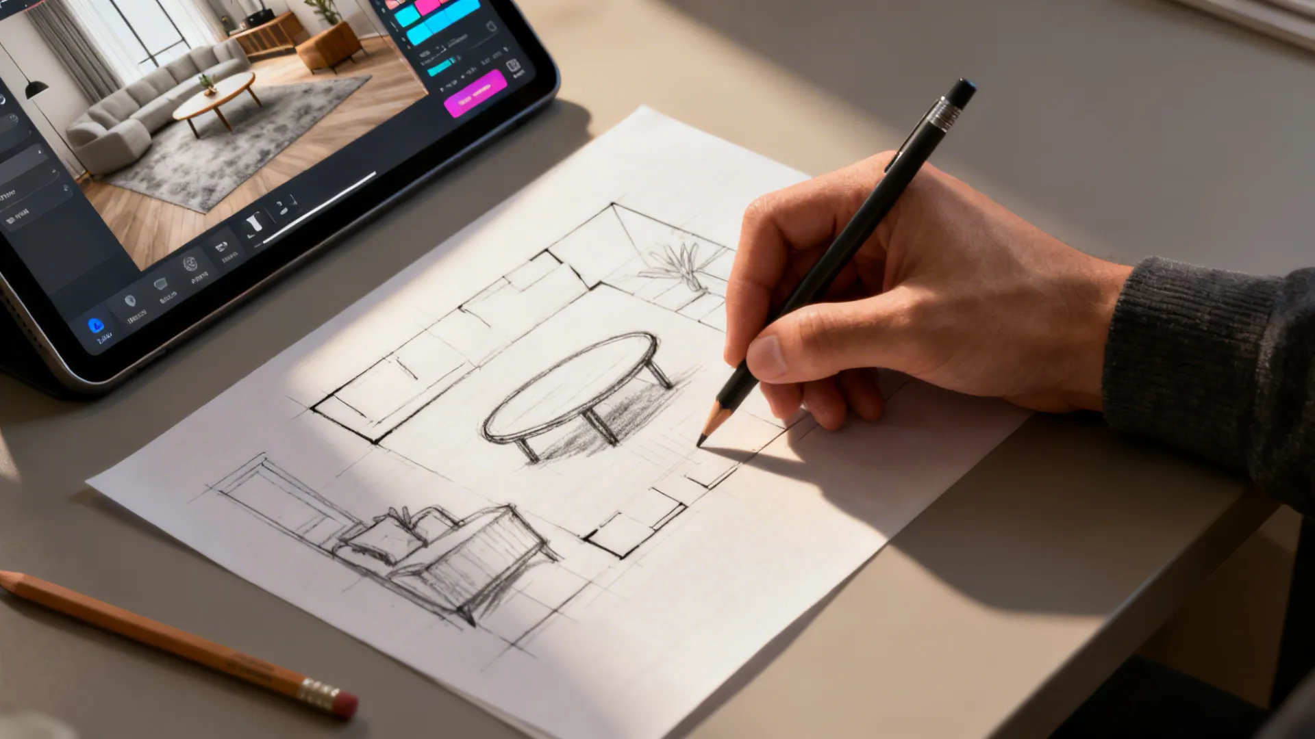 Close-up of a hand sketching a room layout beside a tablet running a room planner tool.