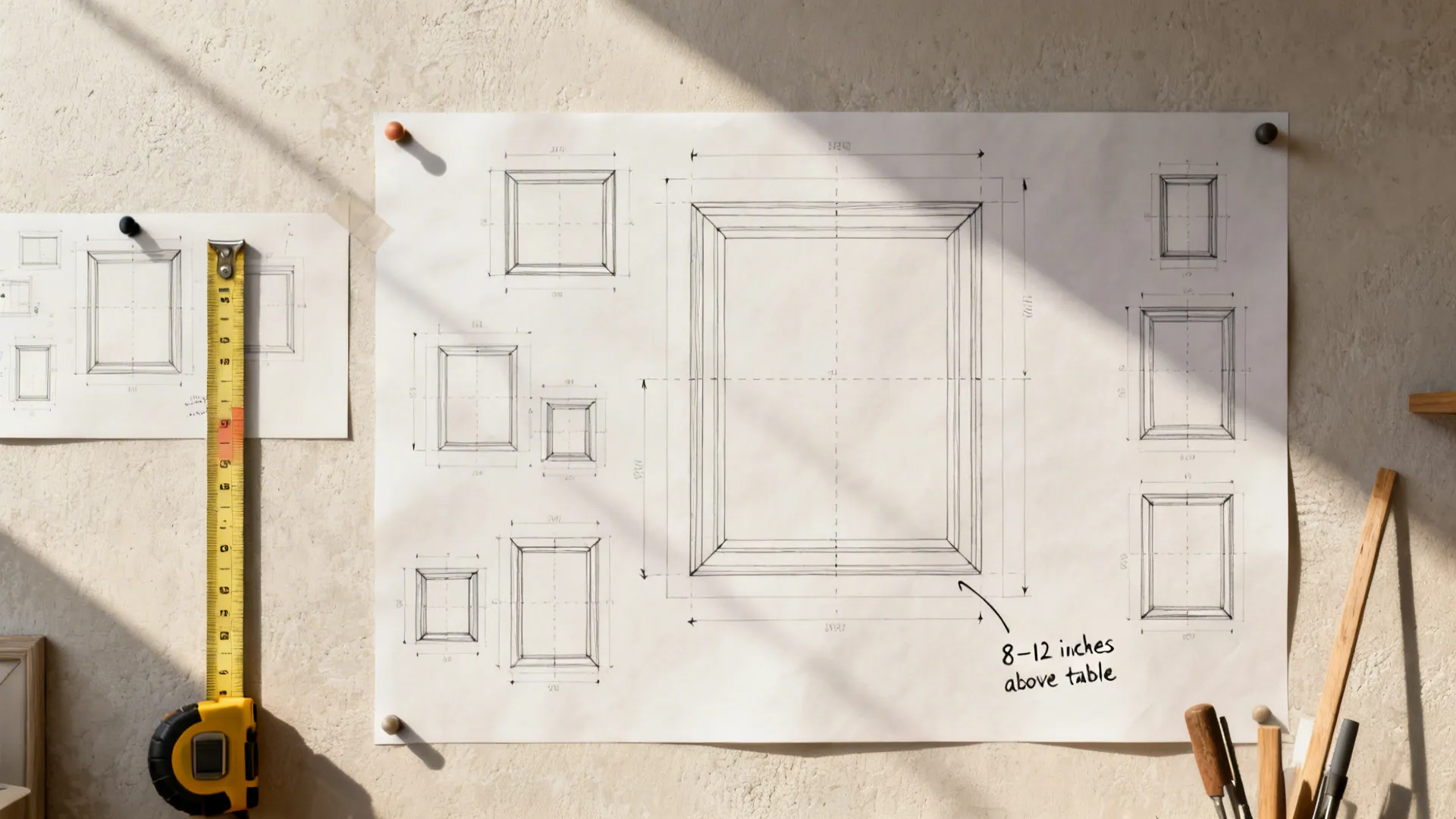Top-down planning layout with paper templates, measuring tape, and sketches showing spacing for dining wall art.