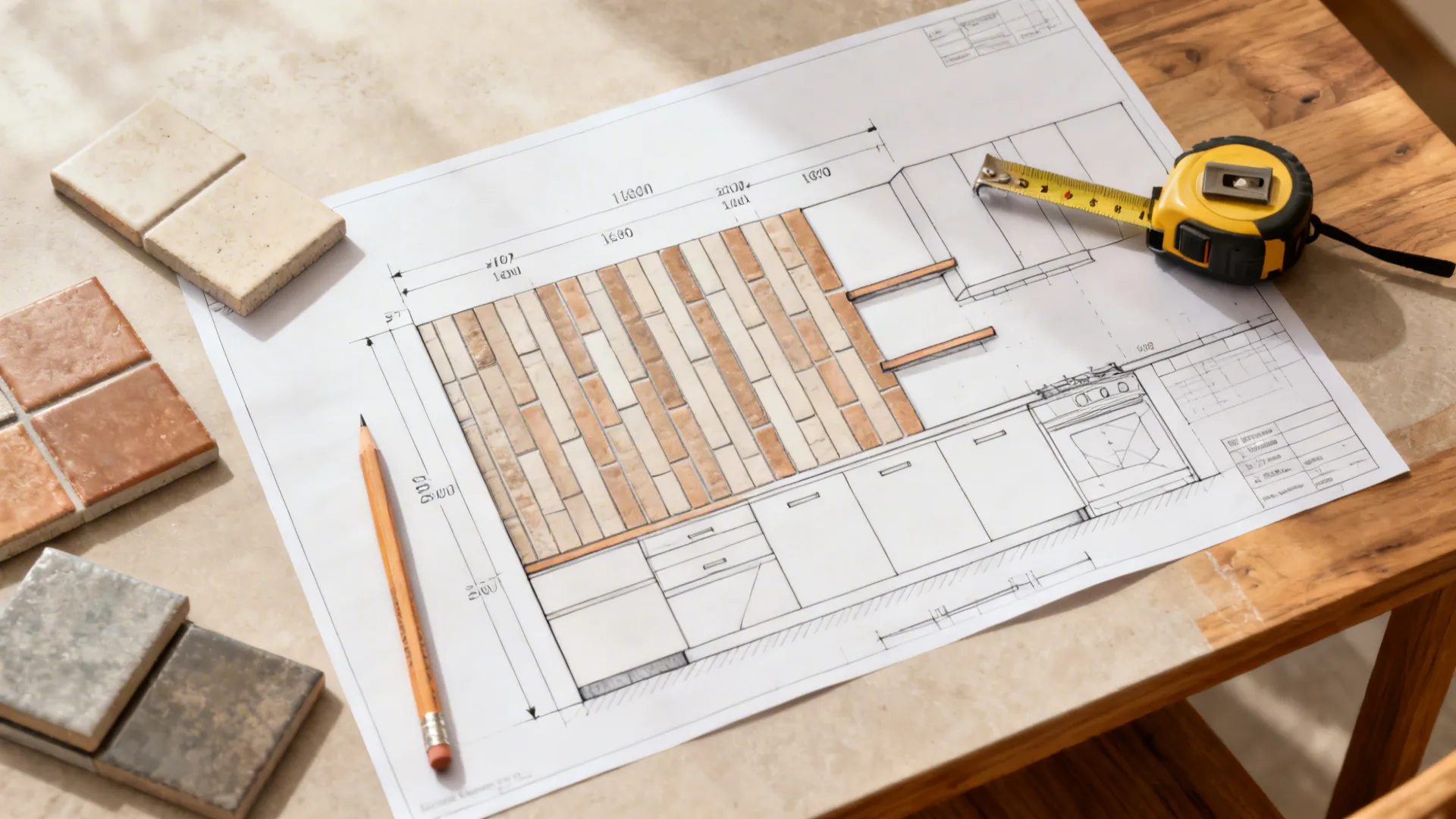 Top-down layout planning with tile samples and elevation sketch aligning courses to shelf heights.