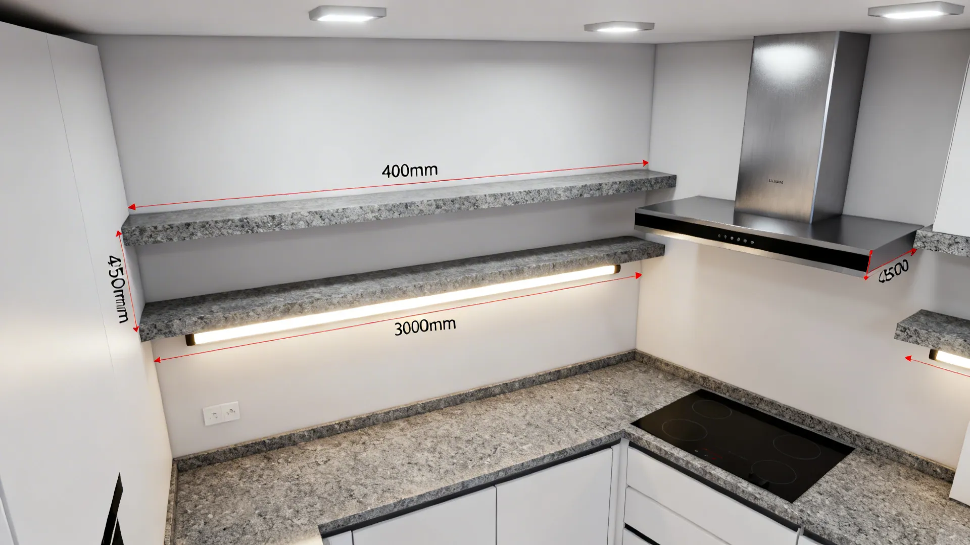 Top-down layout study illustrating common granite shelf heights and configurations in small kitchens.